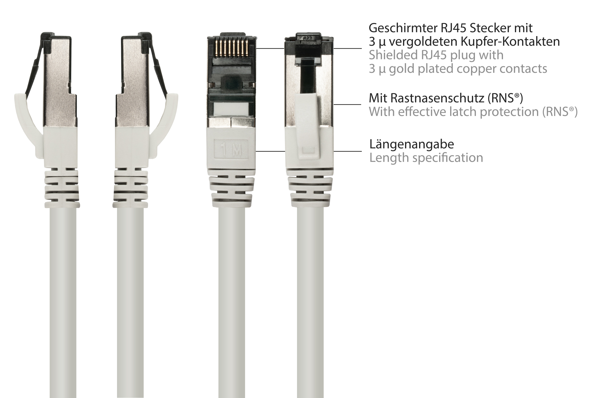 RNS® Patchkabel Cat. 8.1, S/FTP, PiMF, halogenfrei (LSZH), CU, AWG26, 2000MHz, 40Gbit/s, grau, 3m, Good Connections®