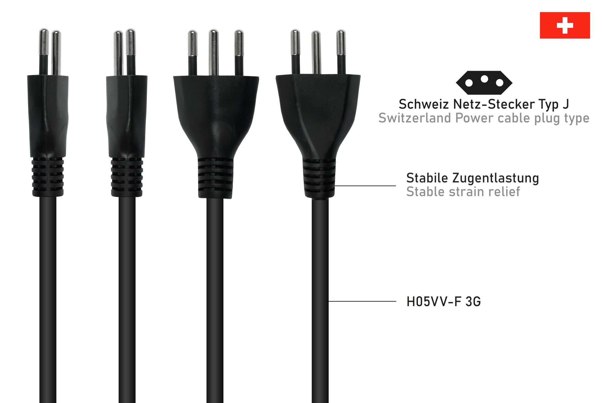 Power cable Switzerland plug type J (SEV 1011) to IEC socket C13, black, 0,75mm², 1,8m