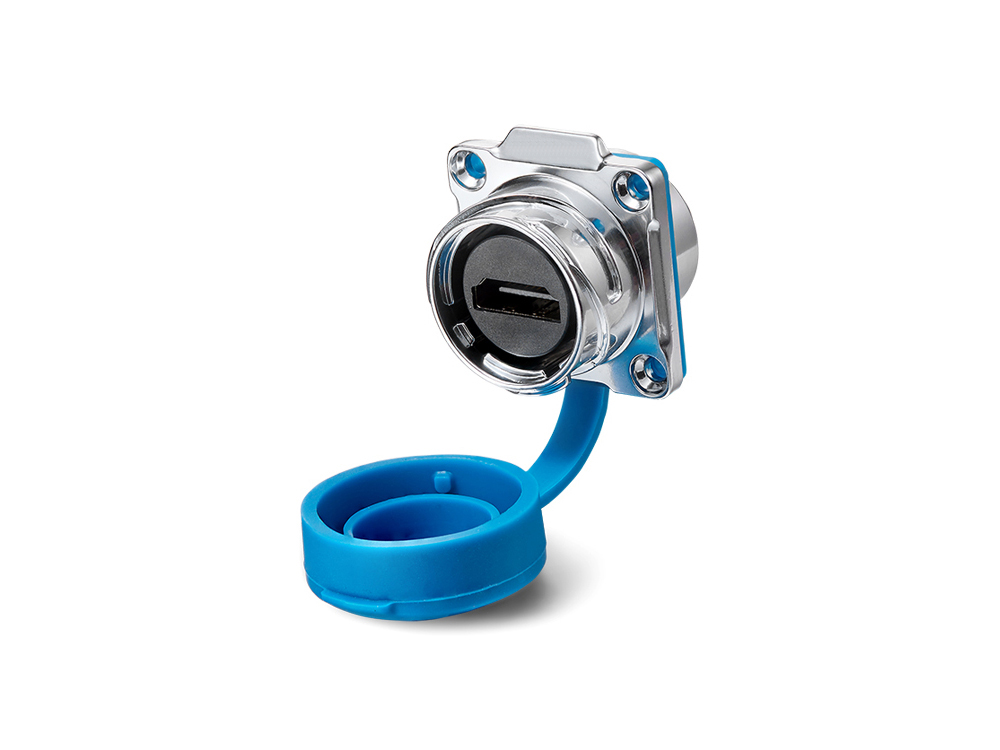 Industrial Connector S3 - HDMI 2.0b Feed-through coupler with Flange, Socket A on both sides, Metal, M24, Bayonet, IP65/67, Good Connections®