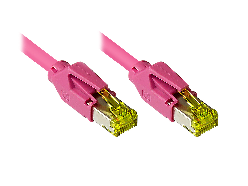 Patchkabel mit Cat. 7 Draka UC900 Rohkabel (900MHz) und Hirose TM31 Stecker (500MHz) beidseitig, S/FTP, PiMF, halogenfrei (LSZH), KUPFER, magenta, 26m