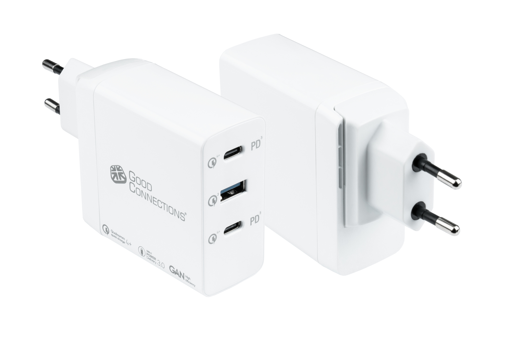 USB fast charger 100W with GaN technology, 3-port (2x USB-C™ and 1x USB-A), PD 3.0, QC 4+, white, Good Connections®