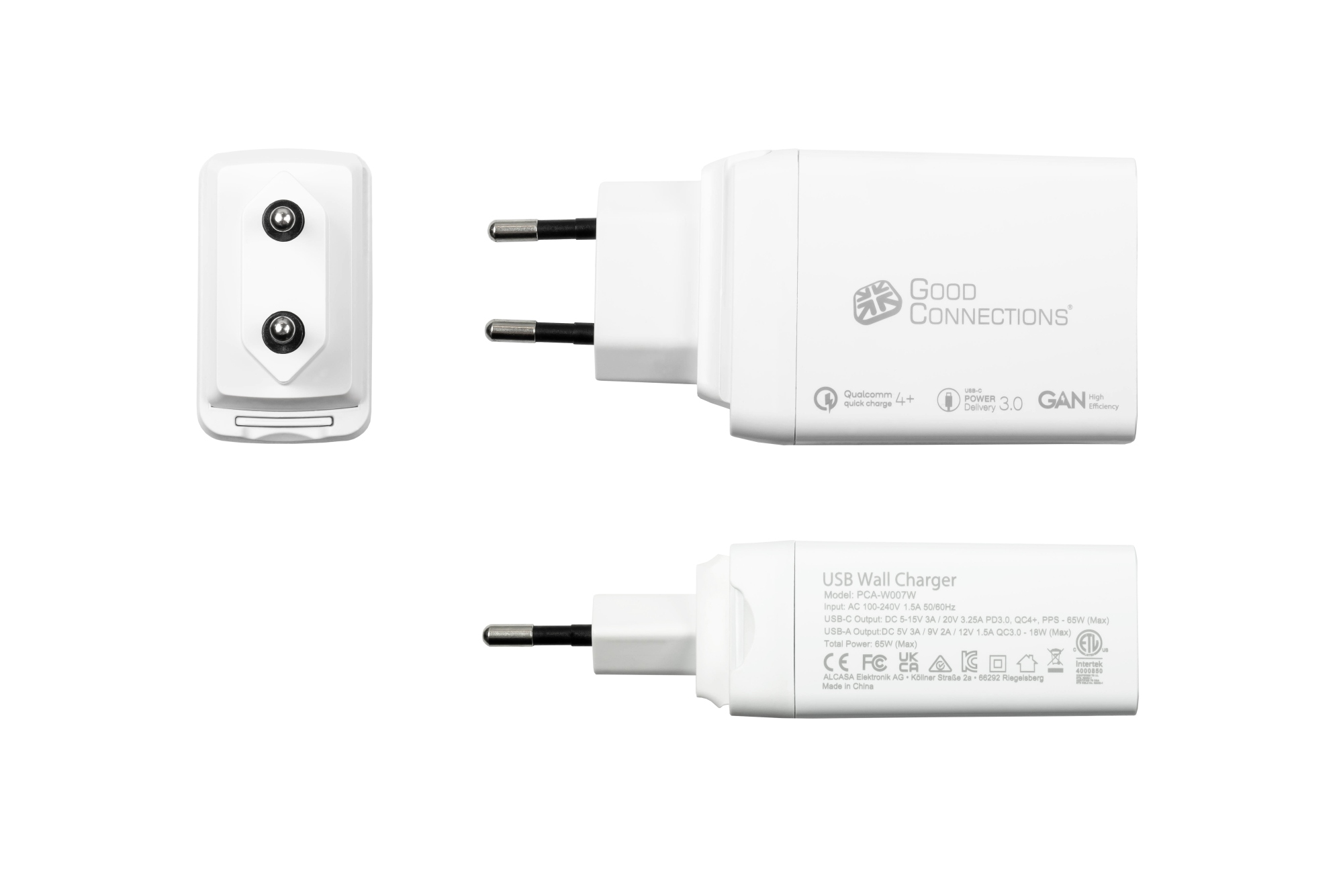 USB-fast charger 65W, 3-Port (2x USB-C™ and 1x USB-A), PD 3.0, QC 3.0, white, Good Connections®