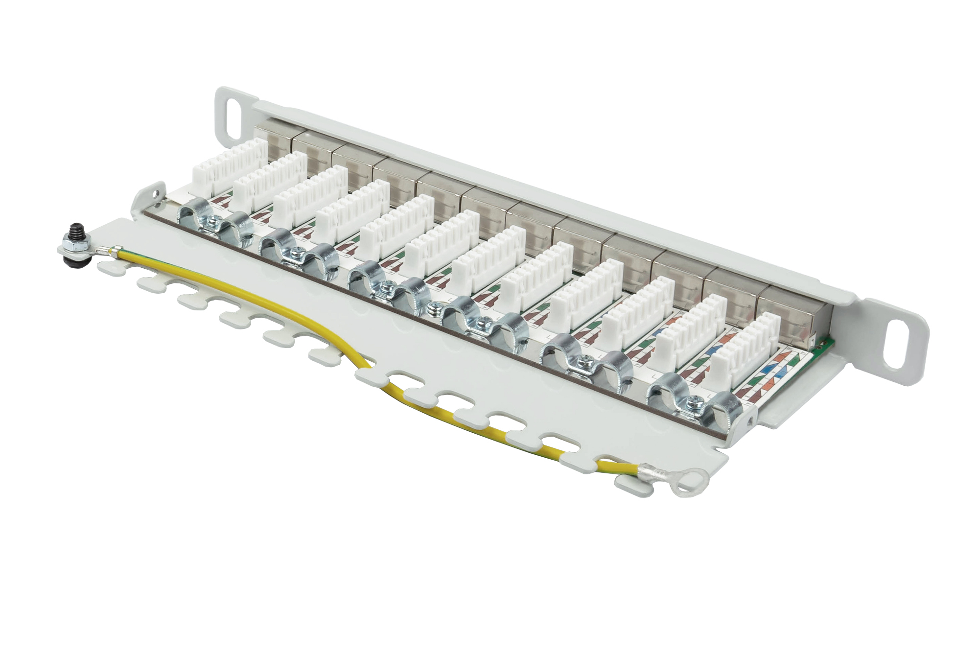 Patch Panel 10" Cat. 6A, 12-port, 0,5 U, STP shielded, toolless opening, light grey (RAL7035), Good Connections®