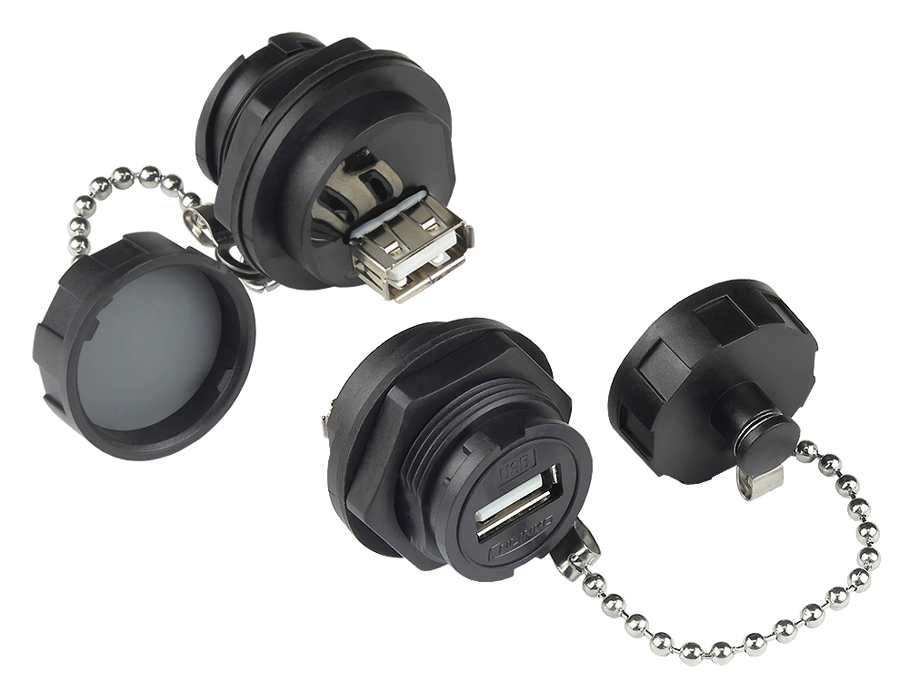 Industrial Connector S4 - USB 2.0 feed-through coupling, socket A on both sides, single-ended with cover, bayonet, IP67, black, Good Connections®