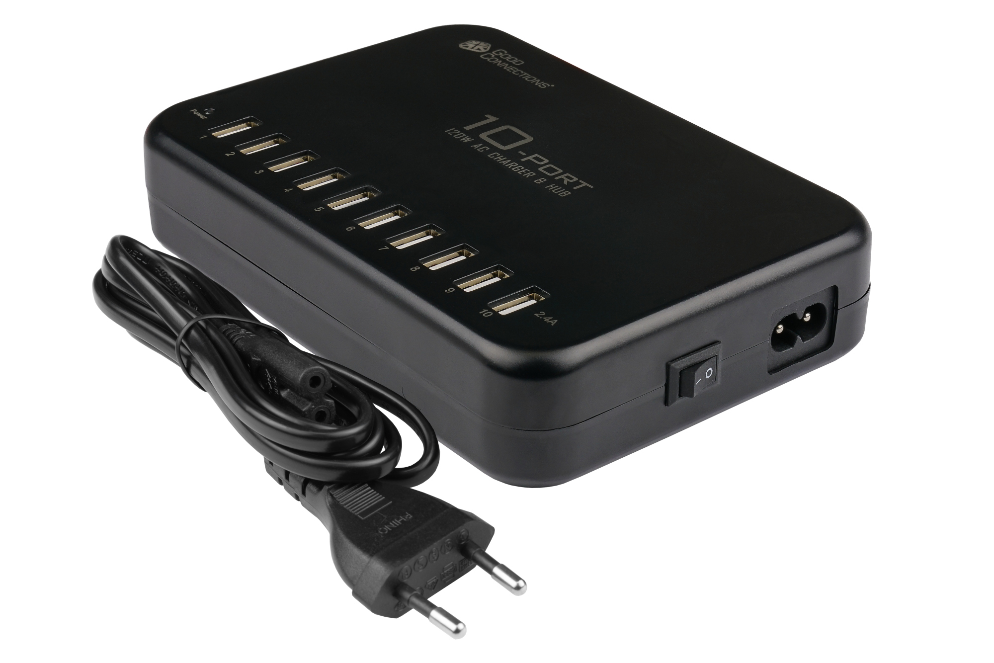 USB desktop fast charging station 120W, 10-port (10x USB-A), black, Good Connections®