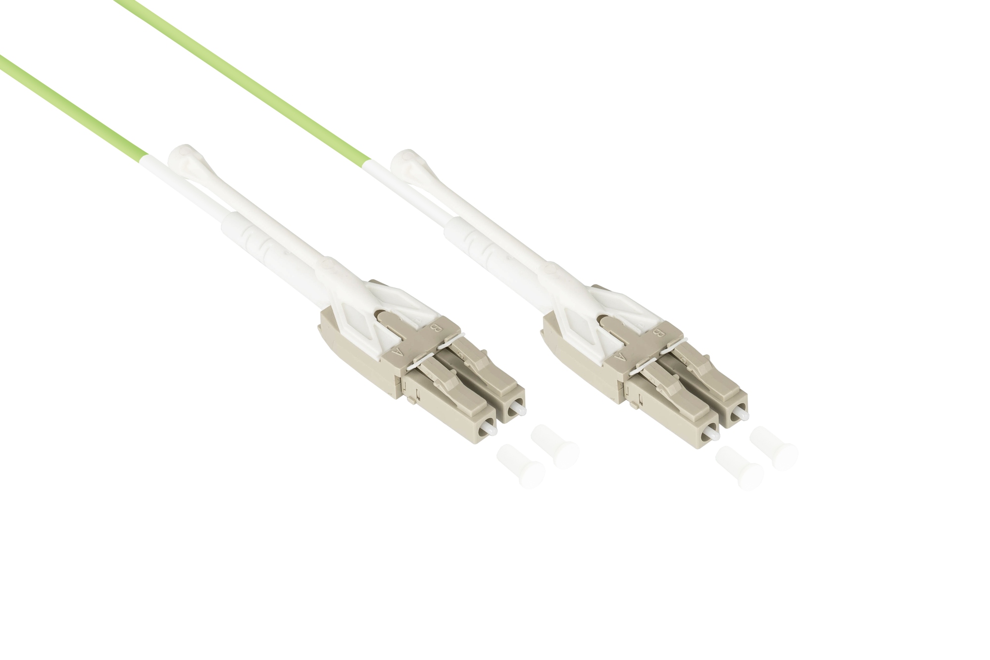 Patch cable LWL Duplex OM5 (Multimode, 50/125) LC/LC, UNIBOOT, LSZH, exchangeable polarity, release tab, 0,5m, Good Connections®