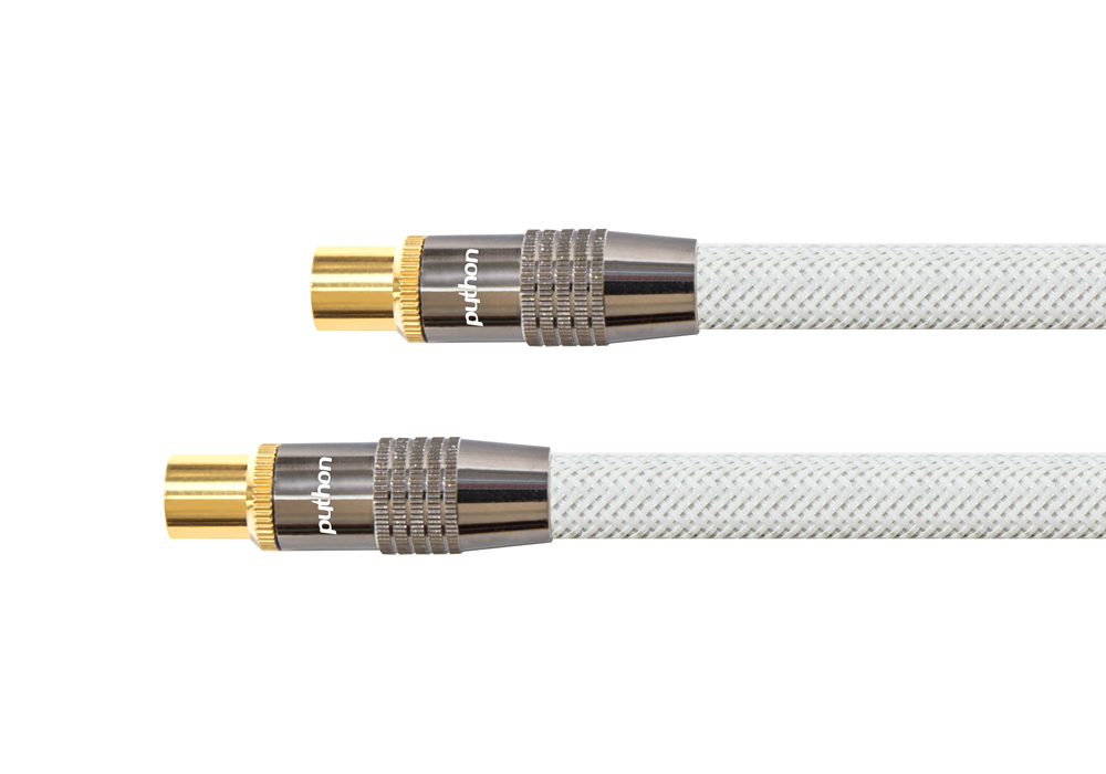 Antenna cable, IEC/coax plug to socket, gold-plated, shielding measure 120 dB, 75 Ohm, nylon braided white, 1,5m, PYTHON® Series