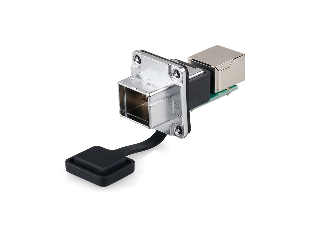 Industrial connector S6 - RJ45 feed-through coupling with PCB board / printed circuit board, RJ45 socket on both sides, metal, Good Connections®