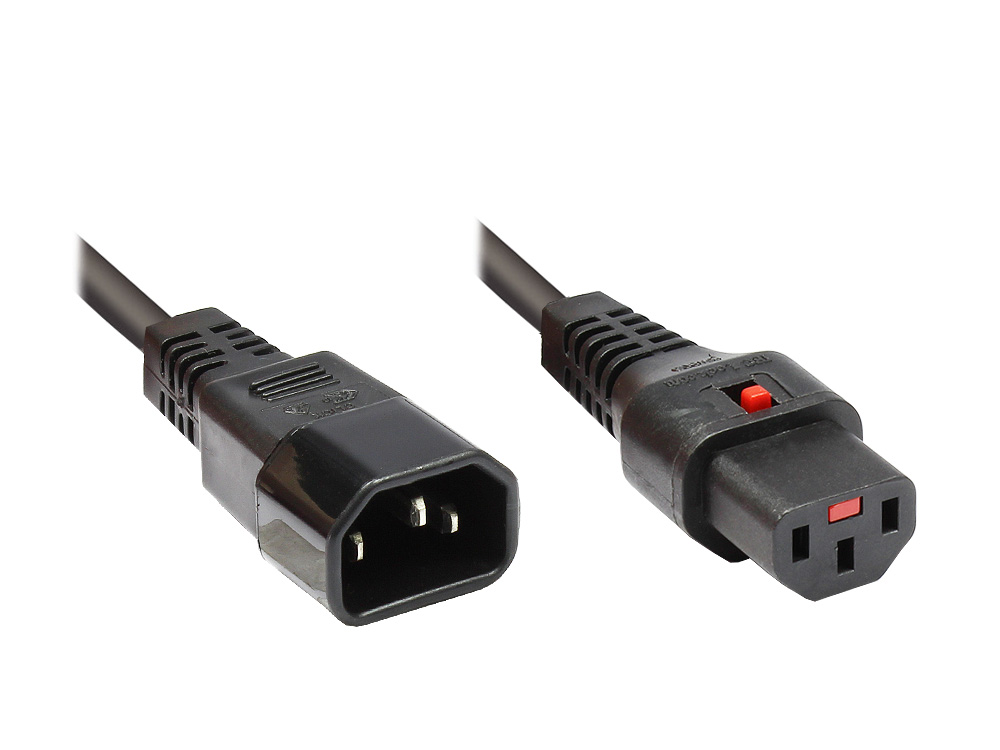 Kaltgeräteverlängerung C14 (gerade) an C13 (gerade) mit IEC Lock, schwarz, 1,00mm², 2m, Good Connections®