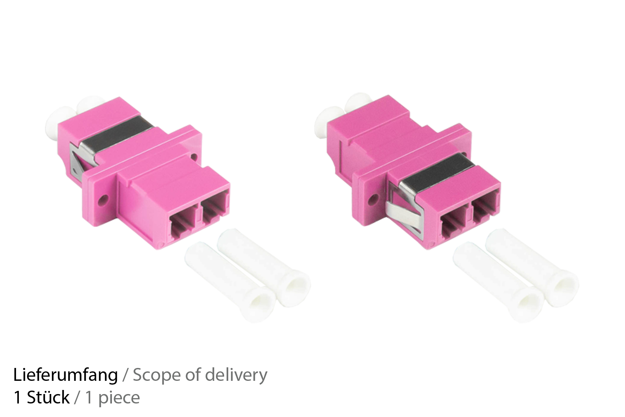 LWL Duplex Kupplung, LC (UPC) an LC (UPC), OM4, Multimode, Kunststoffgehäuse mit Flansch, Keramikhülse, violett, Good Connections®