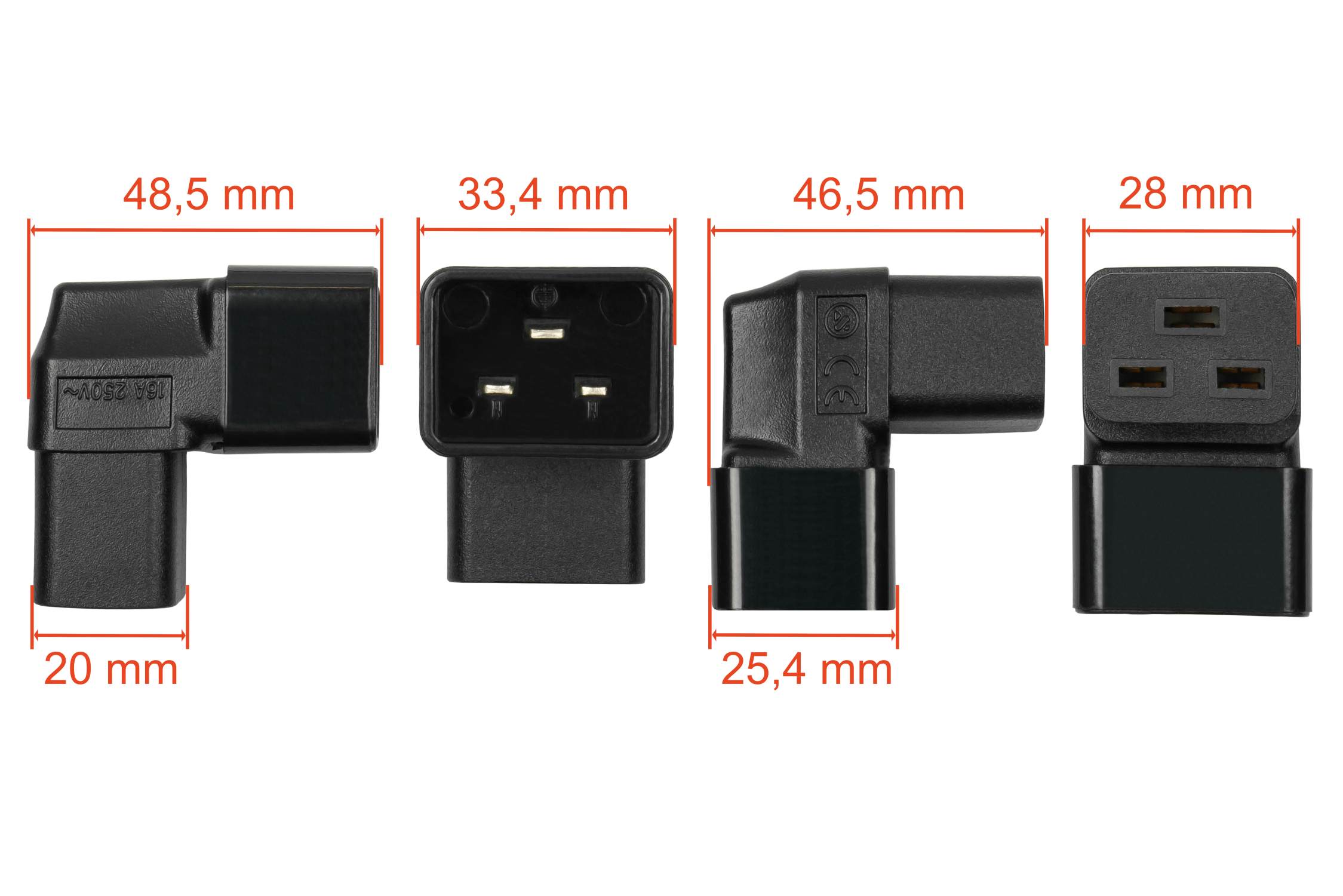 kabelmeister® Power adapter IEC plug C20 to IEC socket C19, angled top/bottom, black