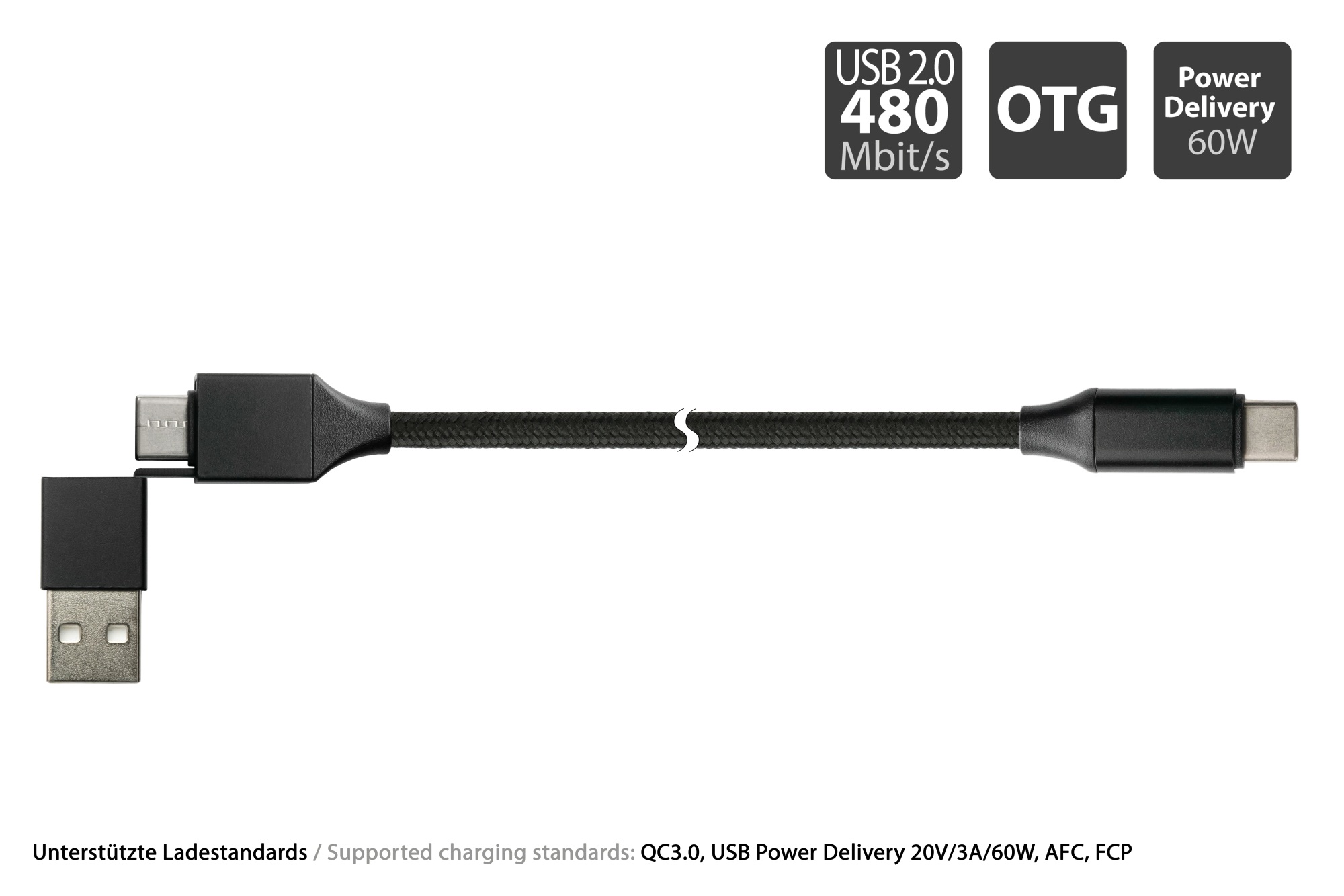 USB 2.0 charging and data cable, USB-A and USB-C™ to USB-C™, QC 3.0, PD 60W, textile sheath, black, 1m, PYTHON® Series