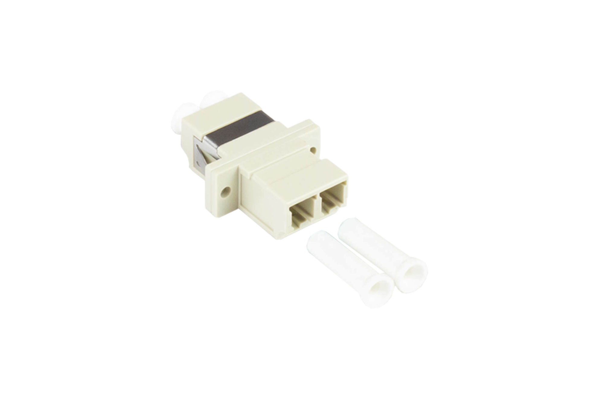 Fibre optic duplex coupling, LC (UPC) to LC (UPC), OM2, Multimode, plastic housing with flange, ceramic sleeve, grey, Good Connections®