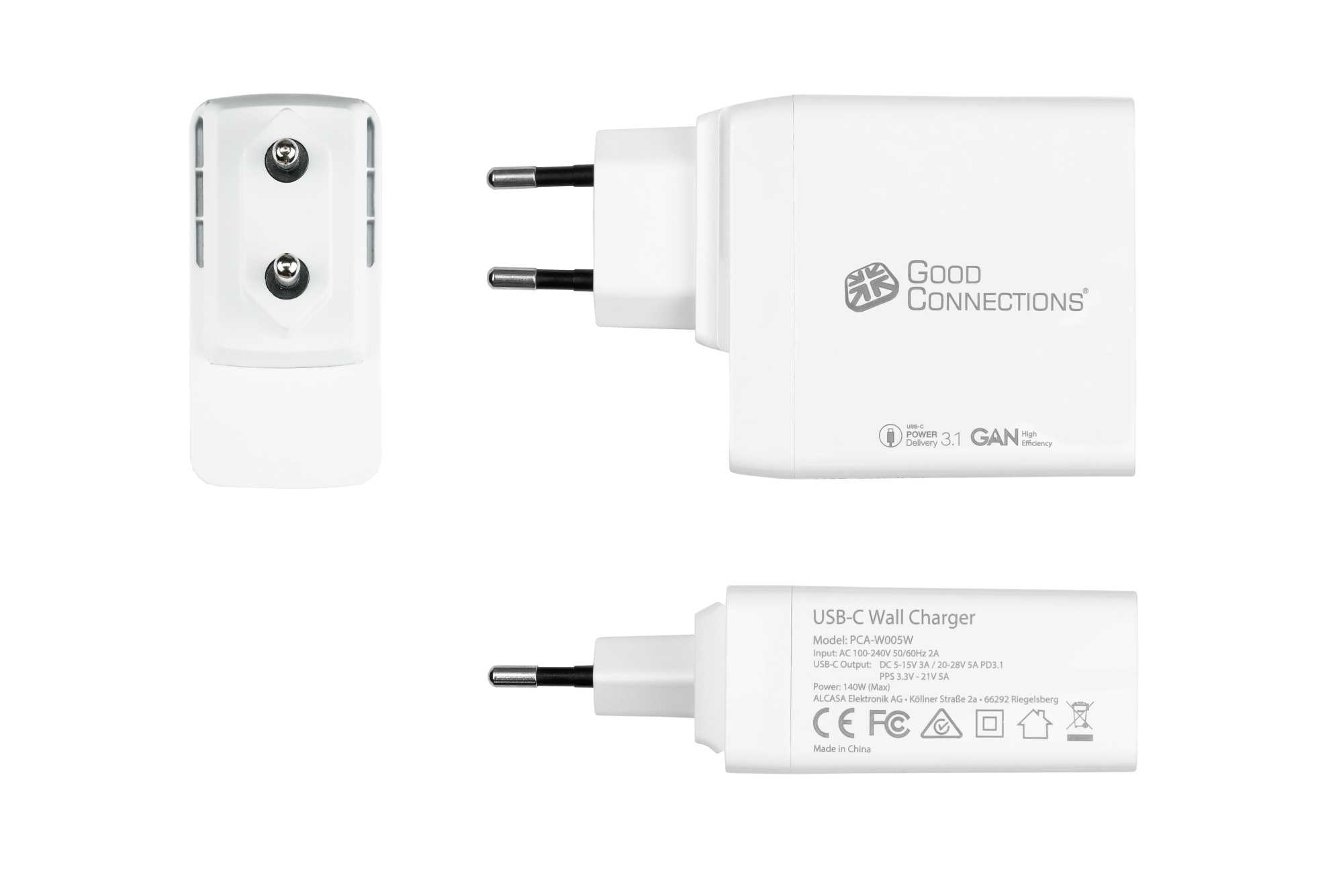 USB fast charger 140W with GaN technology, 1-port (USB-C™), PD 3.1, QC 5, PPS, incl. 1.2m charging cable, white, Good Connections®