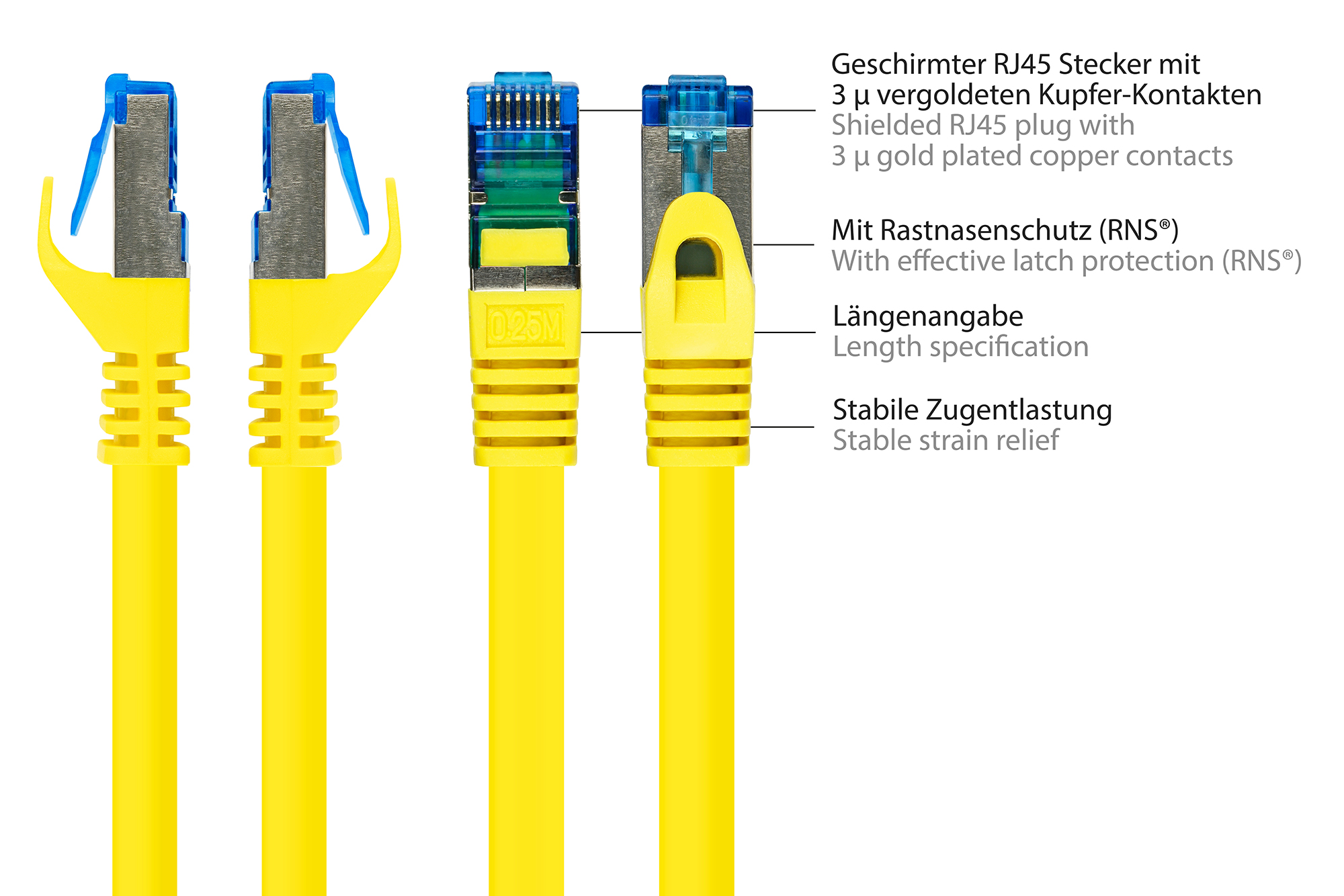 RNS® Patchkabel mit Rastnasenschutz, Cat. 6A, S/FTP, PIMF, halogenfrei, 500MHz, gelb, 1,5m, Good Connections®