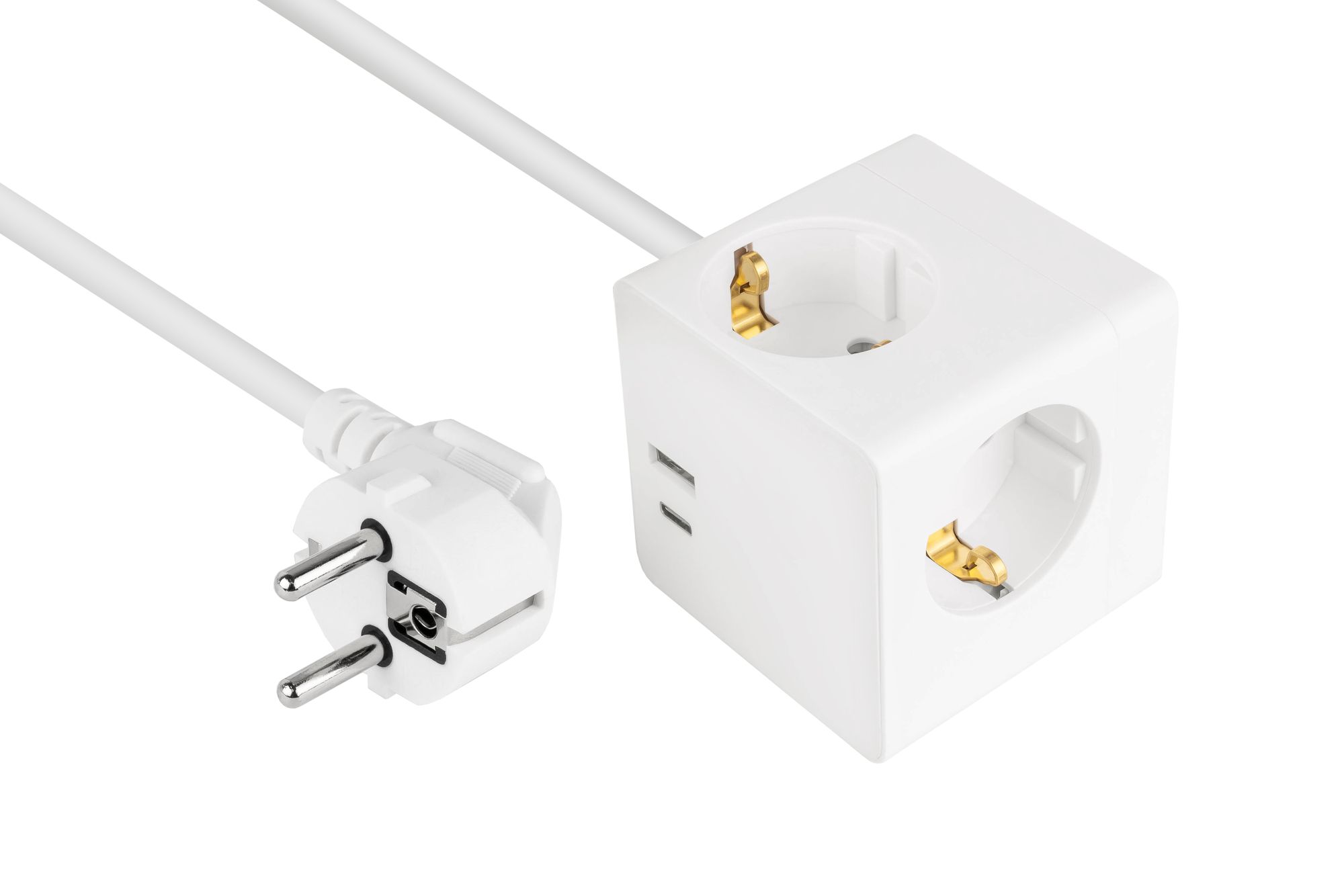 kabelmeister® Socket cube with 2m supply cable, 3x safety socket, USB-C™ (20W, PD 3.0) and USB-A socket (18W), white