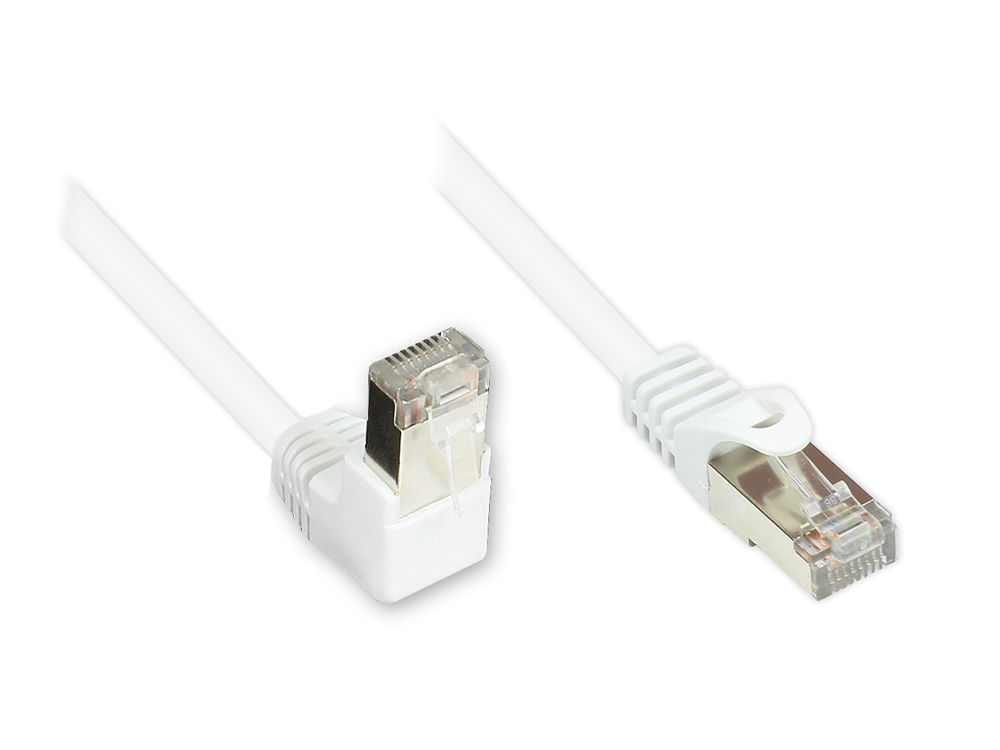 Patchkabel, Cat. 5e, F/UTP, 1x 90° nach unten gewinkelt an 1x gerade, weiß, 1m, Good Connections®