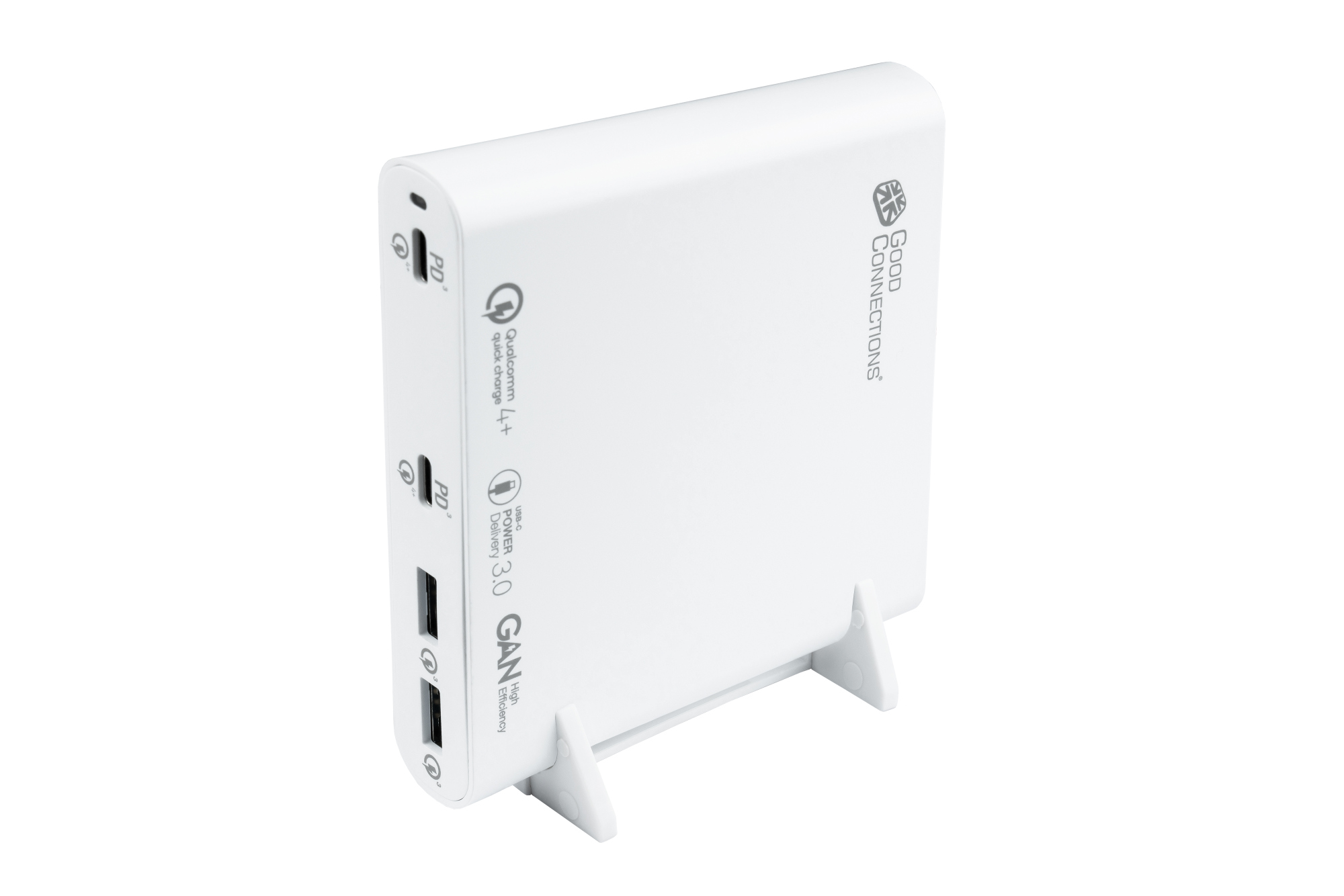 USB desktop fast charging station 120W with GaN technology, 4-port (2x USB-C™ and 2x USB-A), PD 3.0, QC 4+, white, Good Connections®
