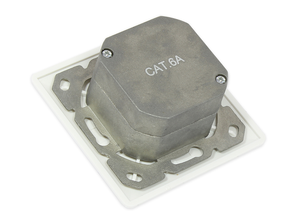Netzwerkdose Cat. 6A, 2xRJ45, geschirmt, UP, DESIGNFÄHIG, vertikale Kabelzuführung, signalweiß RAL9003, Good Connections®