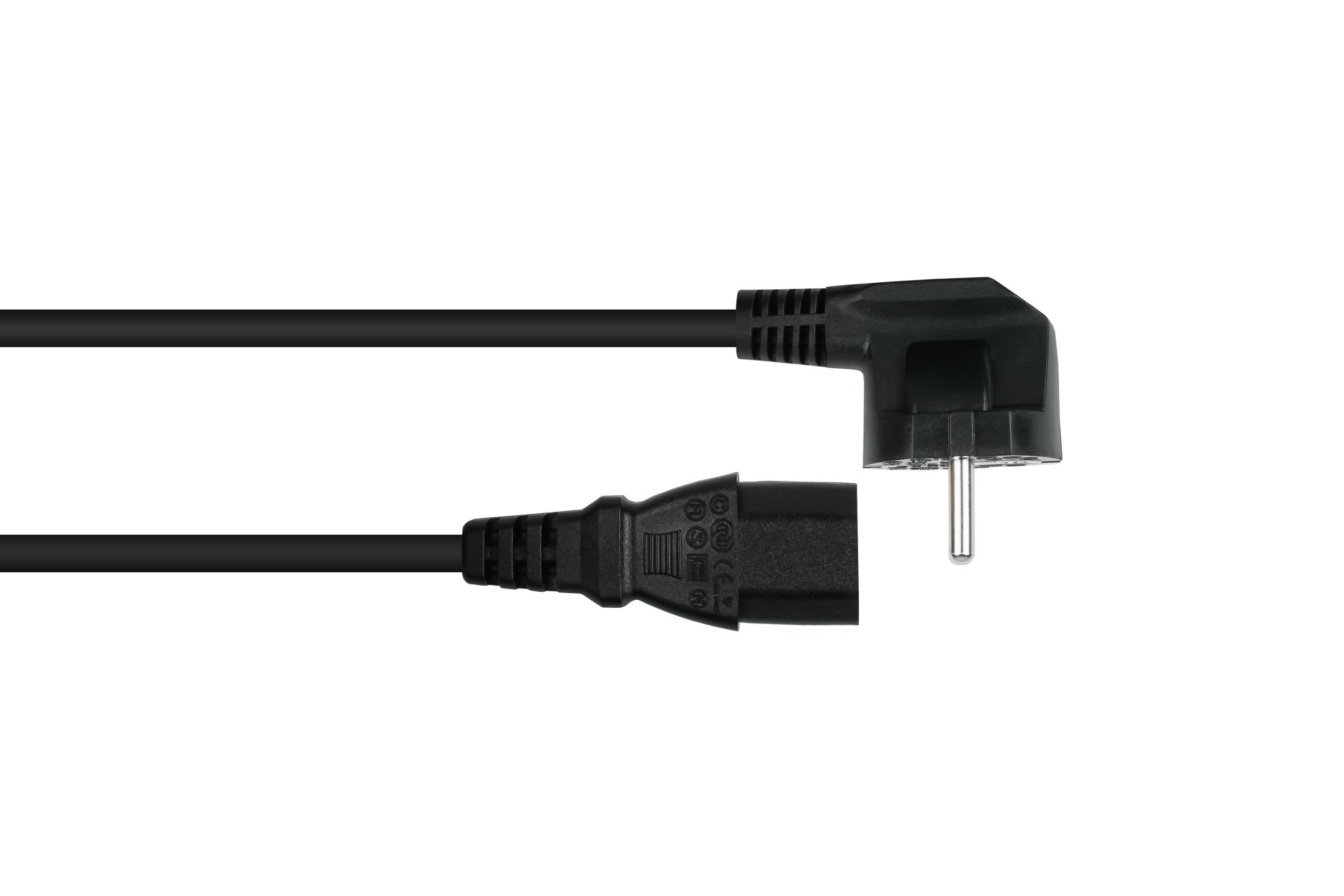 kabelmeister® Netzkabel Schutzkontakt-Stecker Typ E+F (CEE 7/7, gewinkelt) an Kaltgeräte-Buchse C13 (gerade), schwarz, 1,00mm², 5m