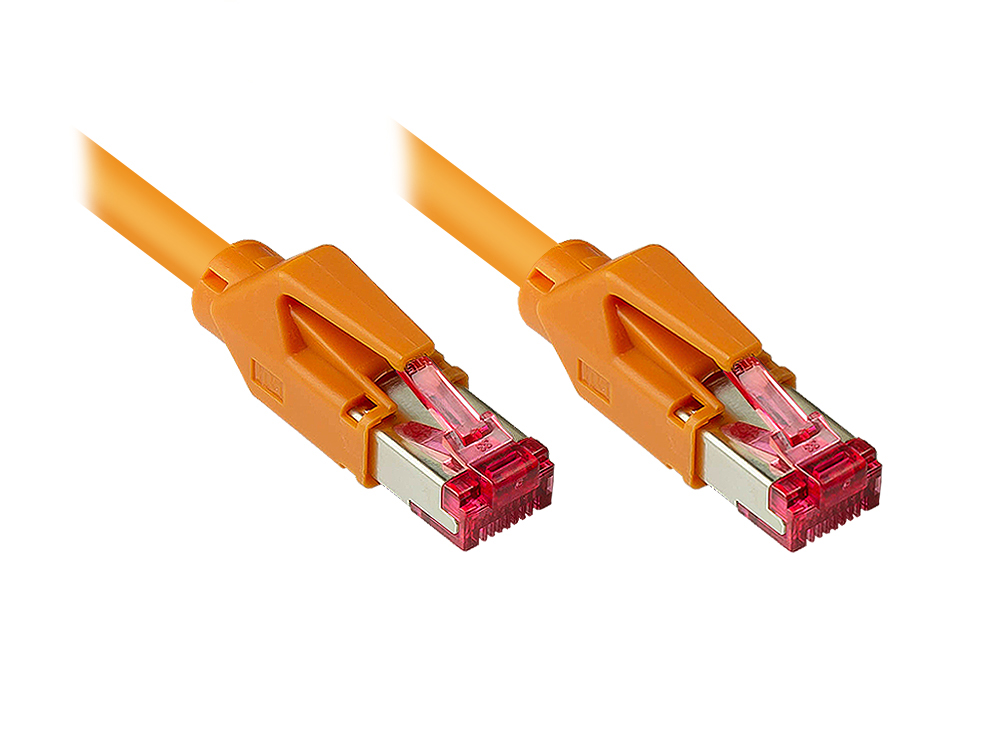 Patchkabel mit Cat. 7 Draka UC900 Rohkabel (900MHz) und Hirose TM21 Stecker (250MHz) beidseitig, S/FTP, PiMF, halogenfrei (LSZH), KUPFER, orange, 29m