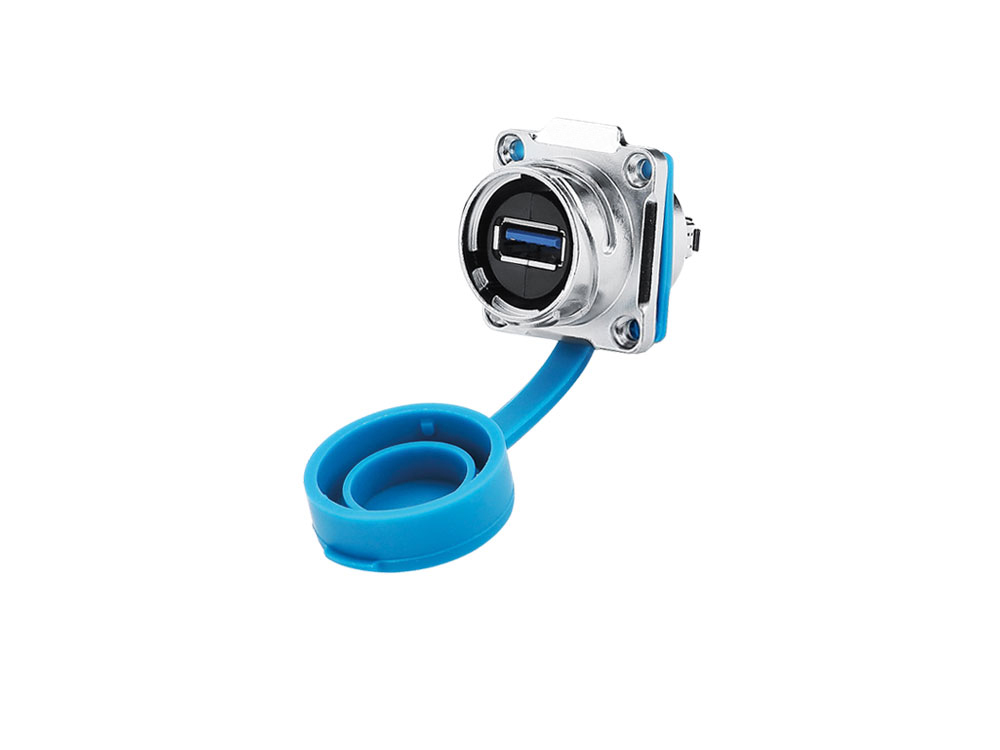 Industrial Connector S3 - USB 3.0 Feedthrough coupler with Flange, Socket A on both sides, Metal, M24, Bayonet, IP65/67, Good Connections®