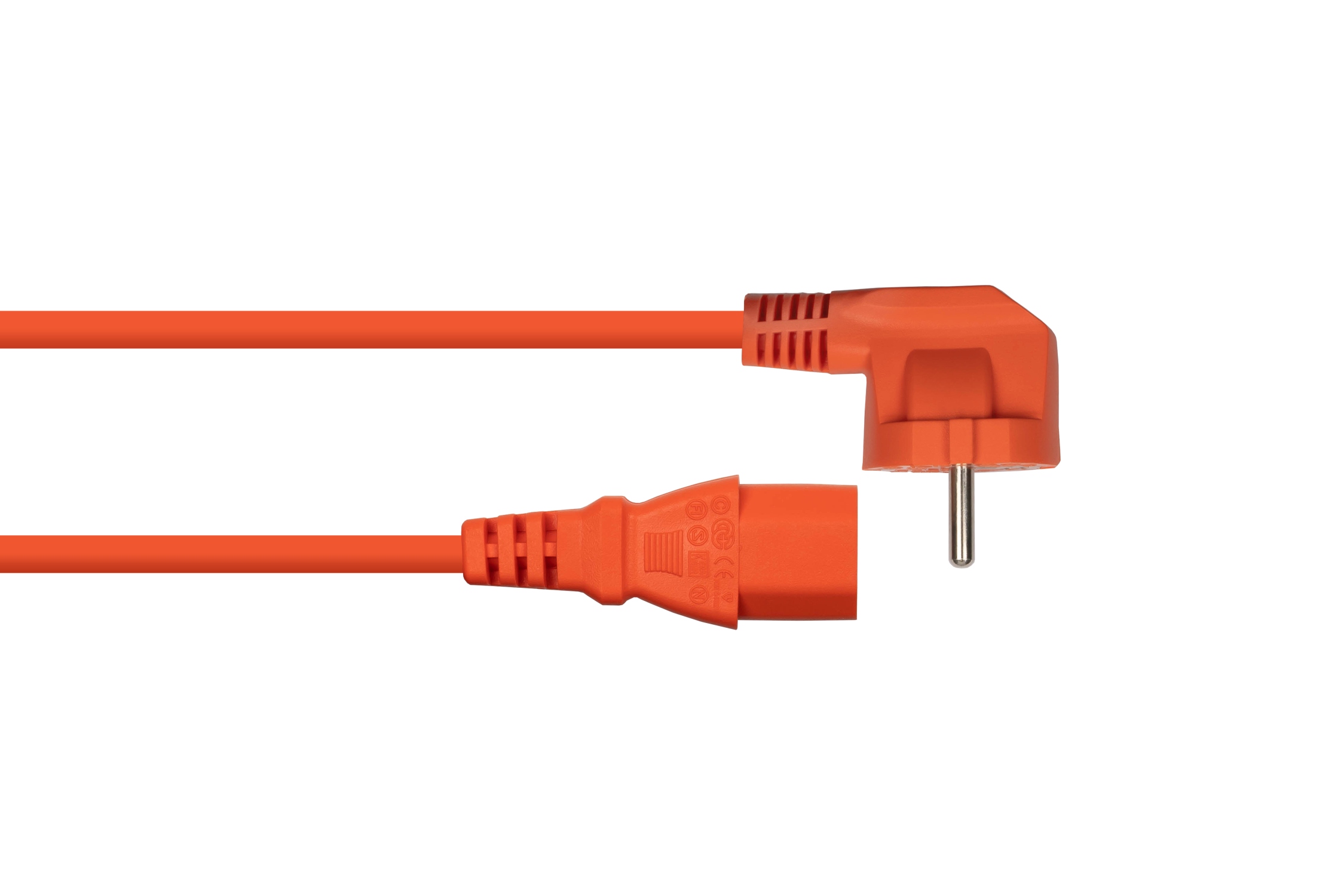 kabelmeister® Netzkabel Schutzkontakt-Stecker Typ E+F (90° gew.) an Kaltgeräte-Buchse C13, orange, 1,00mm², 3m