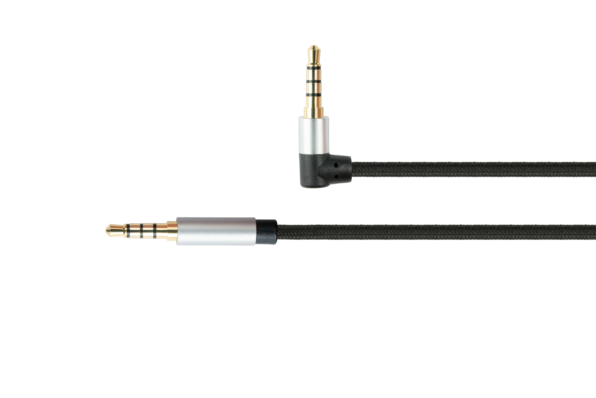 High-quality audio connection cable, 4-pin, 3,5mm jack connector to angled jack connector, textile coated, black, 0,5m, PYTHON® Series