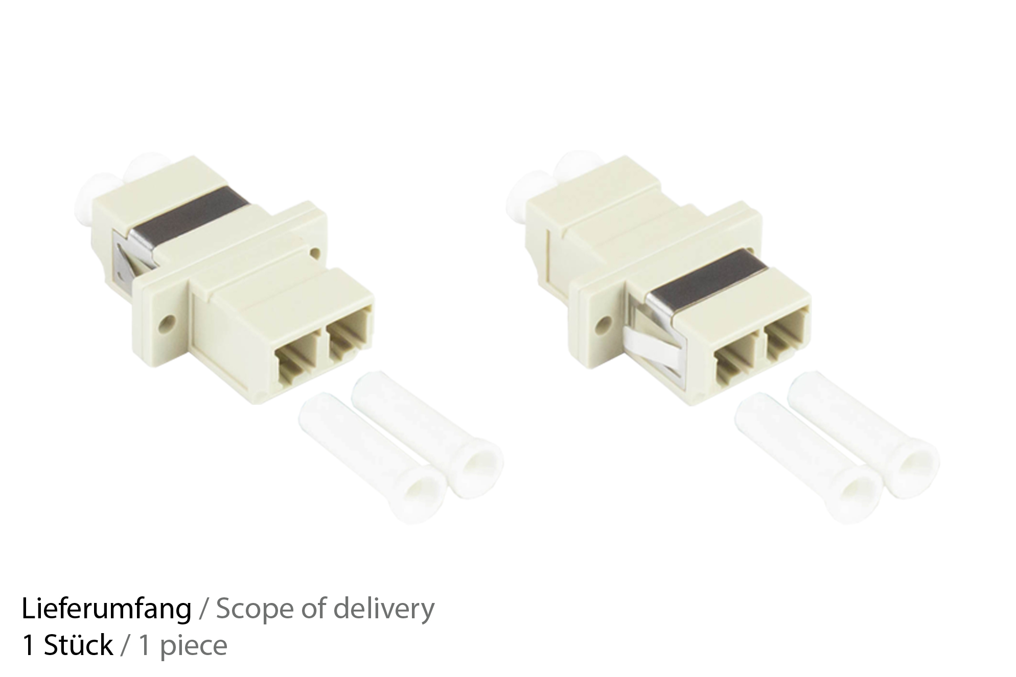 Fibre optic duplex coupling, LC (UPC) to LC (UPC), OM2, Multimode, plastic housing with flange, ceramic sleeve, grey, Good Connections®