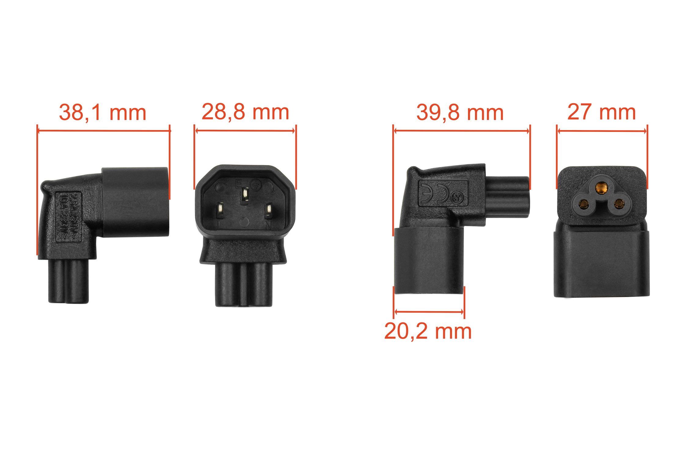 kabelmeister® Power adapter IEC plug C14 to IEC socket C5, angled top/bottom, black