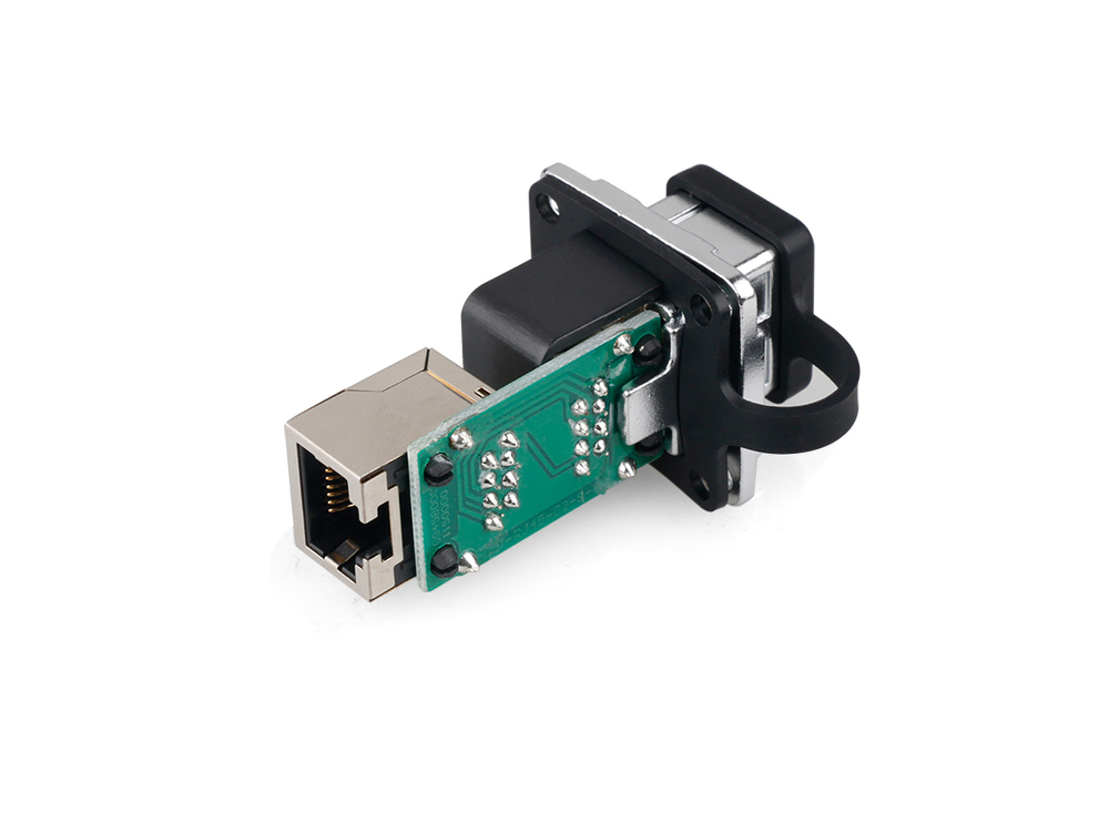 Industrial connector S6 - RJ45 feed-through coupling with PCB board / printed circuit board, RJ45 socket on both sides, metal, Good Connections®