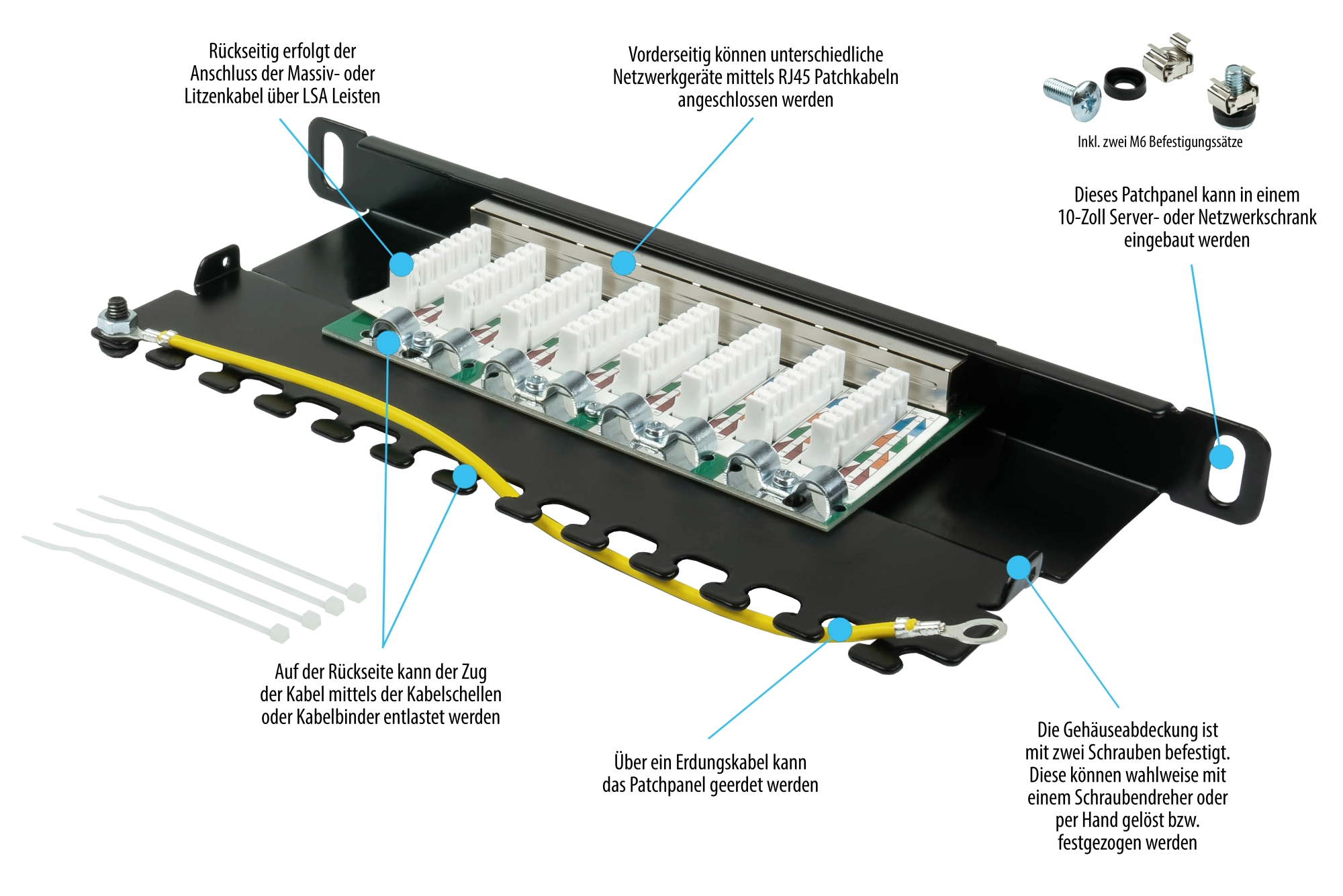 Patch Panel 10" Cat. 6, 8-port, 0,5 U, STP shielded, toolless opening, deep black (RAL9005), Good Connections®