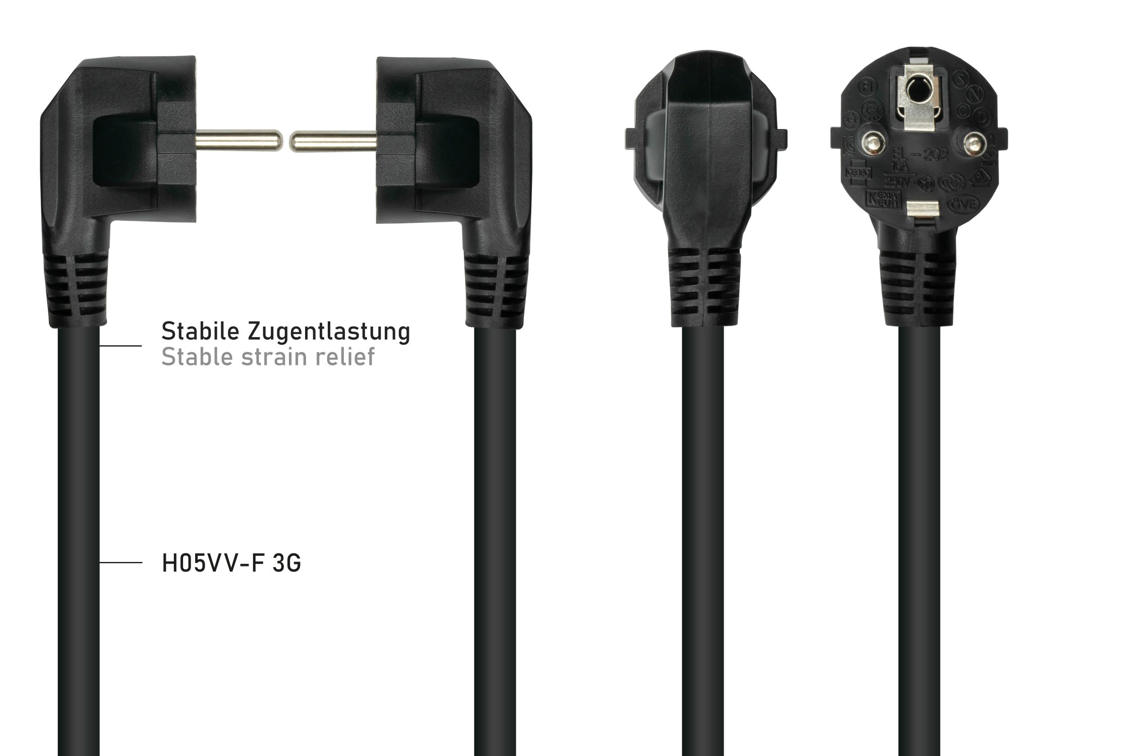 kabelmeister® Netzkabel Schutzkontakt-Stecker Typ E+F (90° gew.) an Kaltgeräte-Buchse C19, schwarz, 1,50mm², 3m
