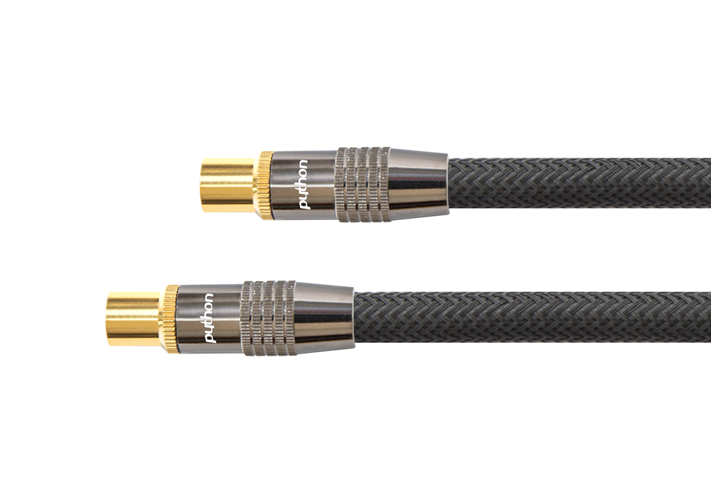Antenna cable, IEC/coax plug to socket, gold-plated, shielding measure 120 dB, 75 Ohm, nylon braided black, 30m, PYTHON® Series