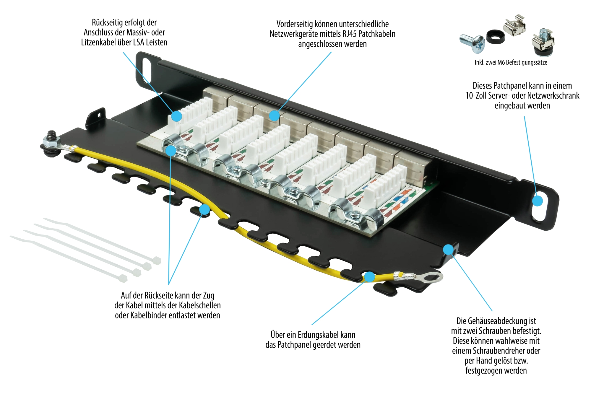 Patch Panel 10" Cat. 6A, 8-port, 0,5 U, STP shielded, toolless opening, deep black (RAL9005), Good Connections®