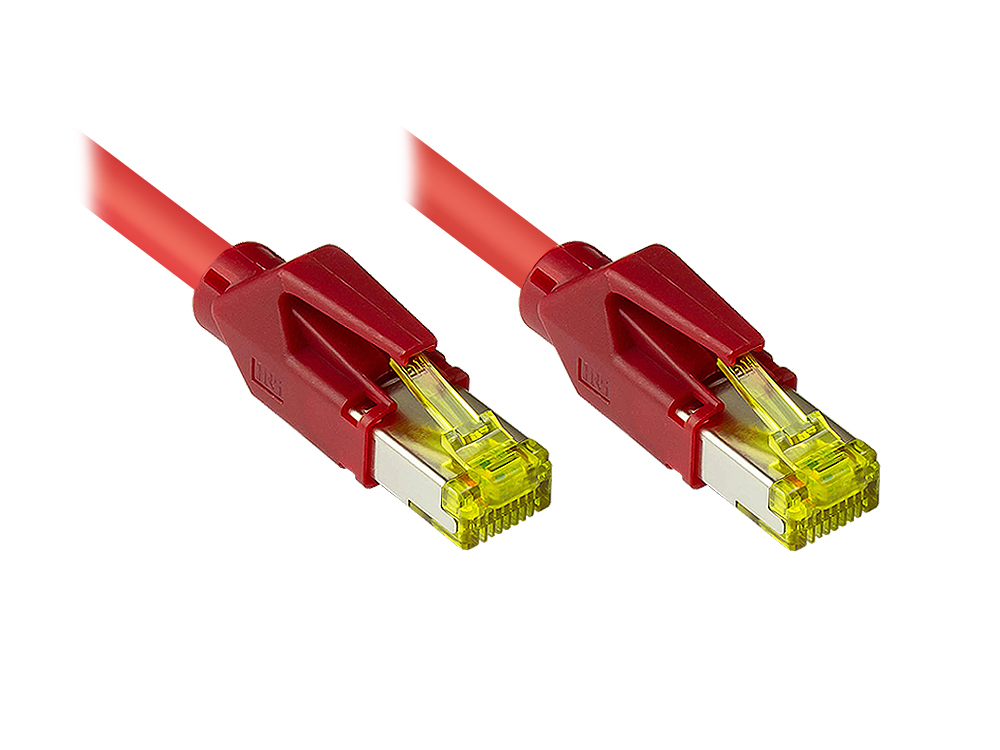 Patchkabel mit Cat. 7 Draka UC900 Rohkabel (900MHz) und Hirose TM31 Stecker (500MHz) beidseitig, S/FTP, PiMF, halogenfrei (LSZH), KUPFER, rot, 2m