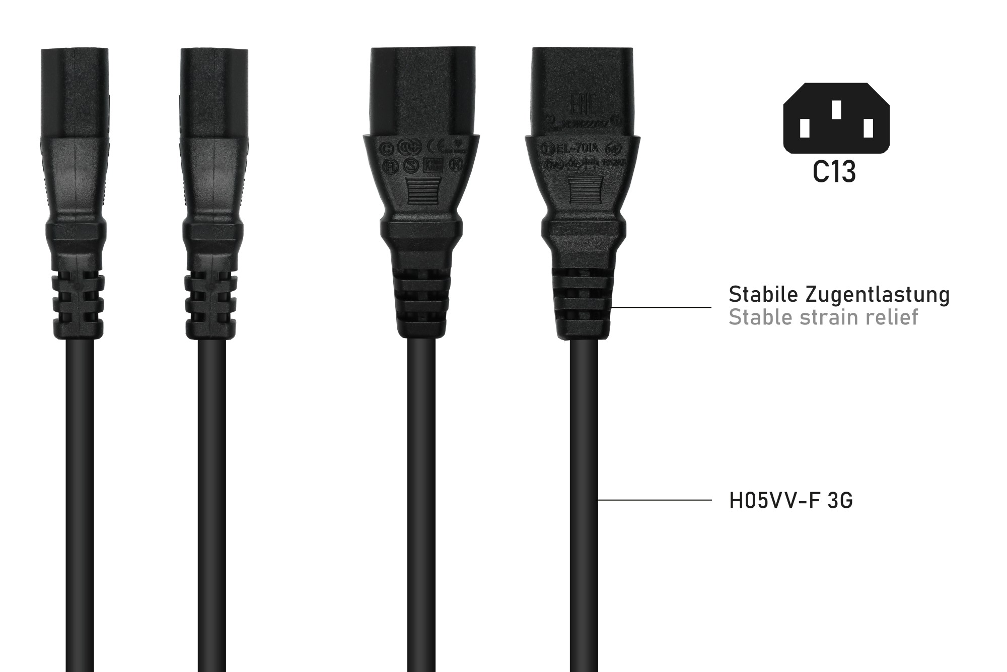kabelmeister® Kaltgeräteverlängerung Kaltgeräte-Stecker C20 an Kaltgeräte-Buchse C13, schwarz, 1,00mm², 5m