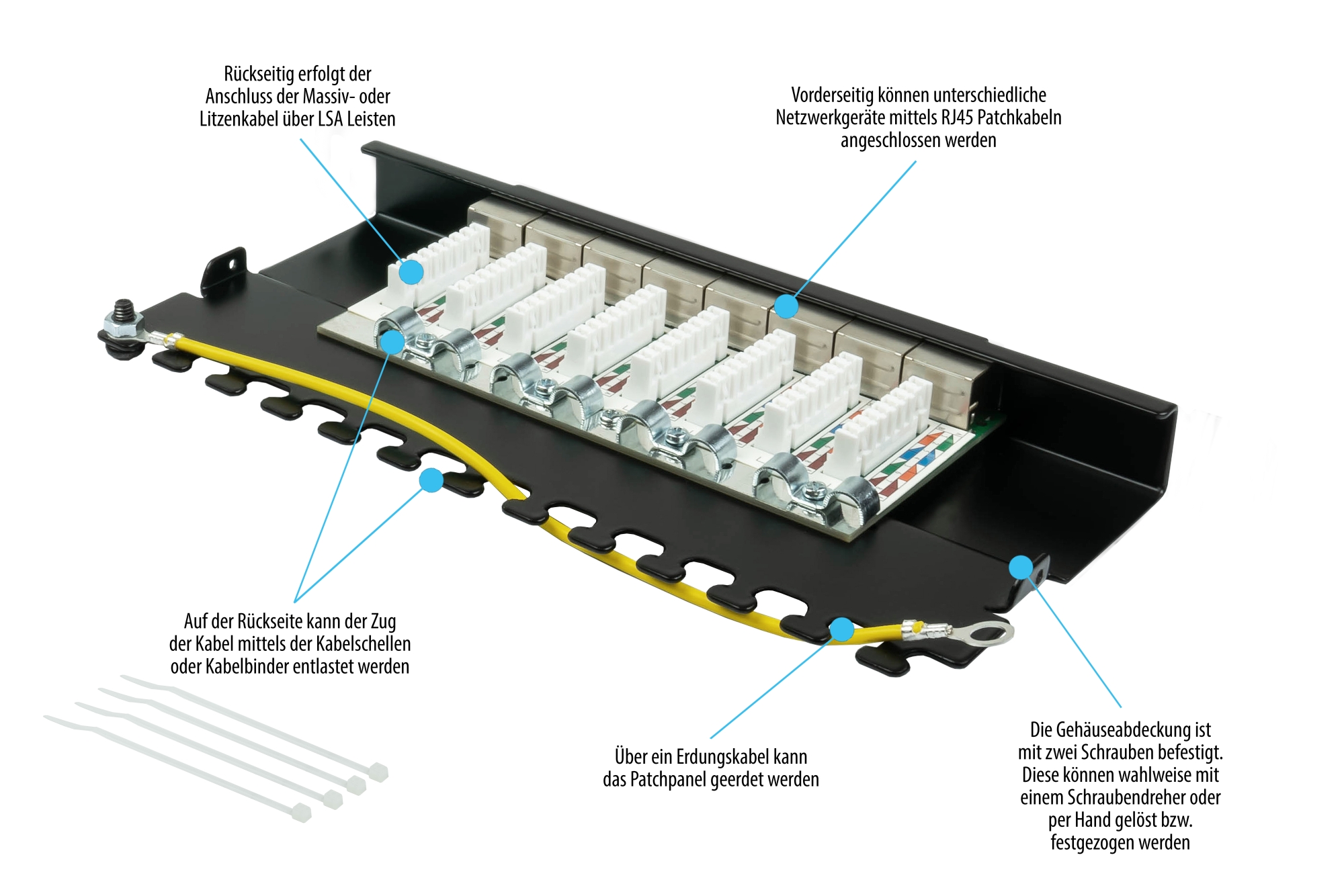 Patch Panel Desktop Cat. 6A, 8-port, 0,5 U, STP shielded, toolless opening, deep black (RAL9005), Good Connections®