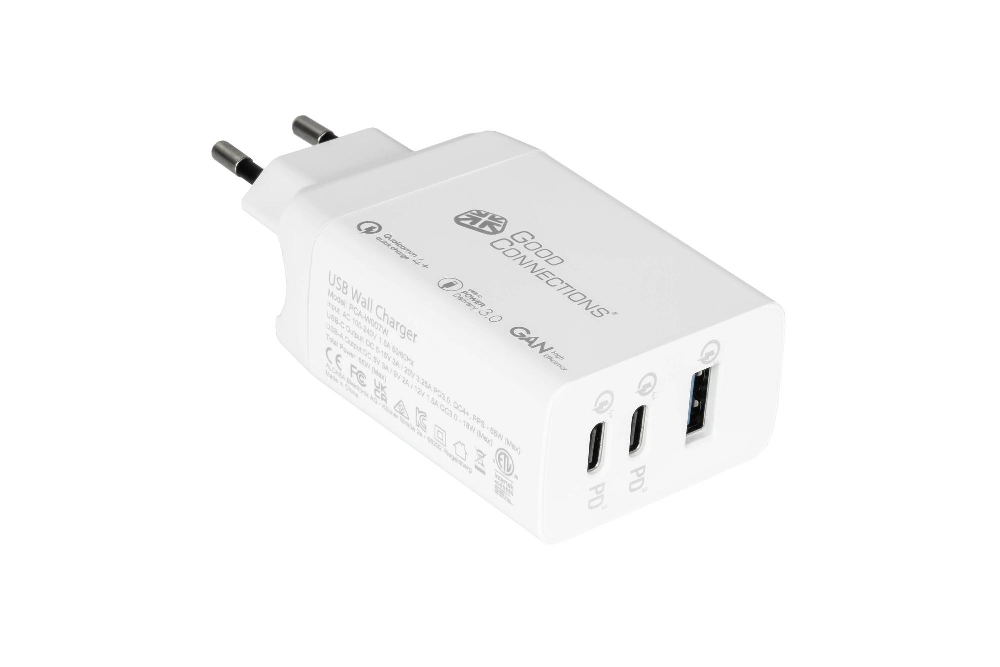 USB-Schnellladegerät 65W mit GaN-Technologie, 3-Port (2x USB-C™ und 1x USB-A), PD 3.0, QC 3.0, weiß, Good Connections®