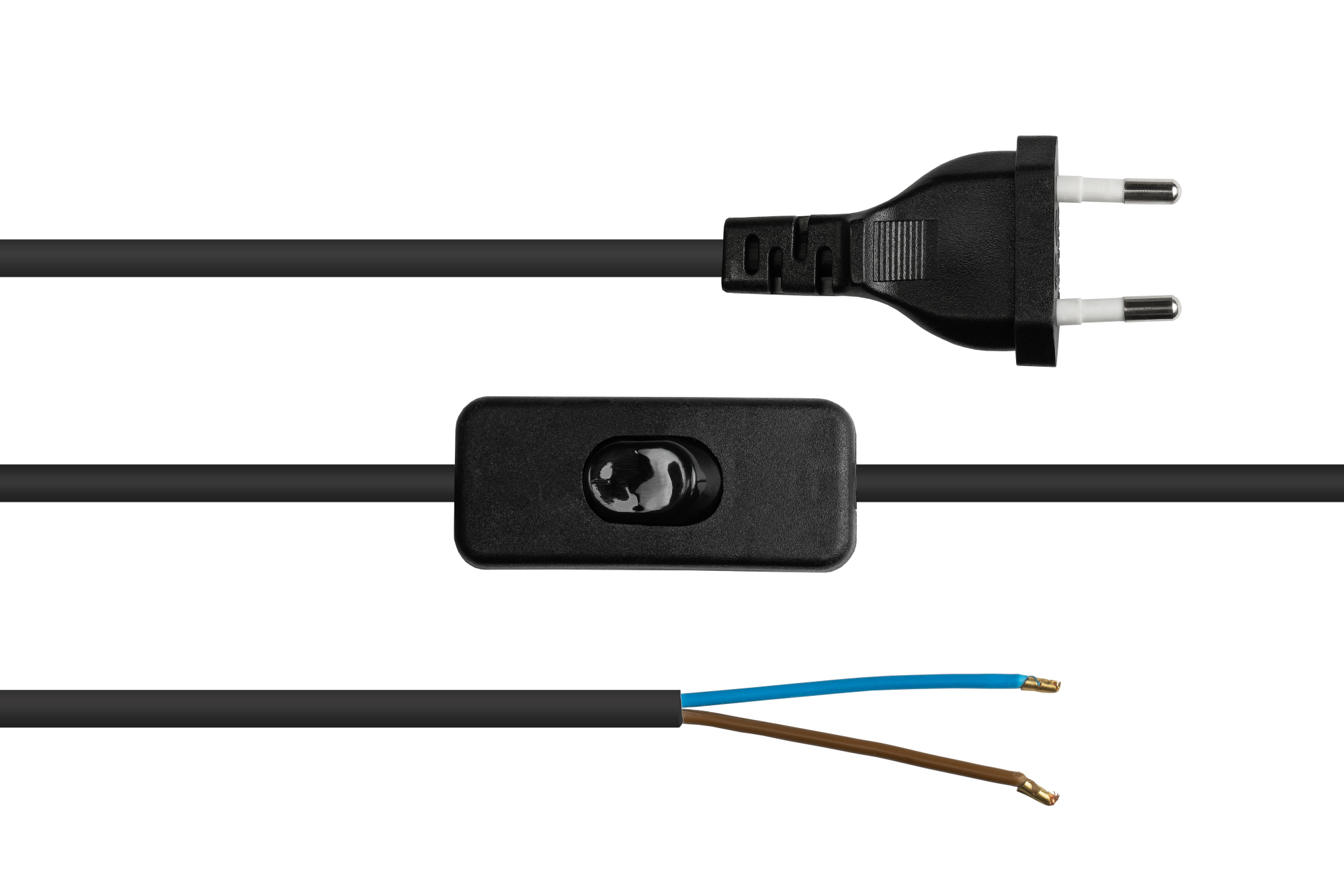 Euro-Netzkabel Euro-Stecker Typ C (gerade) an abisolierte Enden, mit Schalter, schwarz, 0,75 mm², 1,5 m, Good Connections®