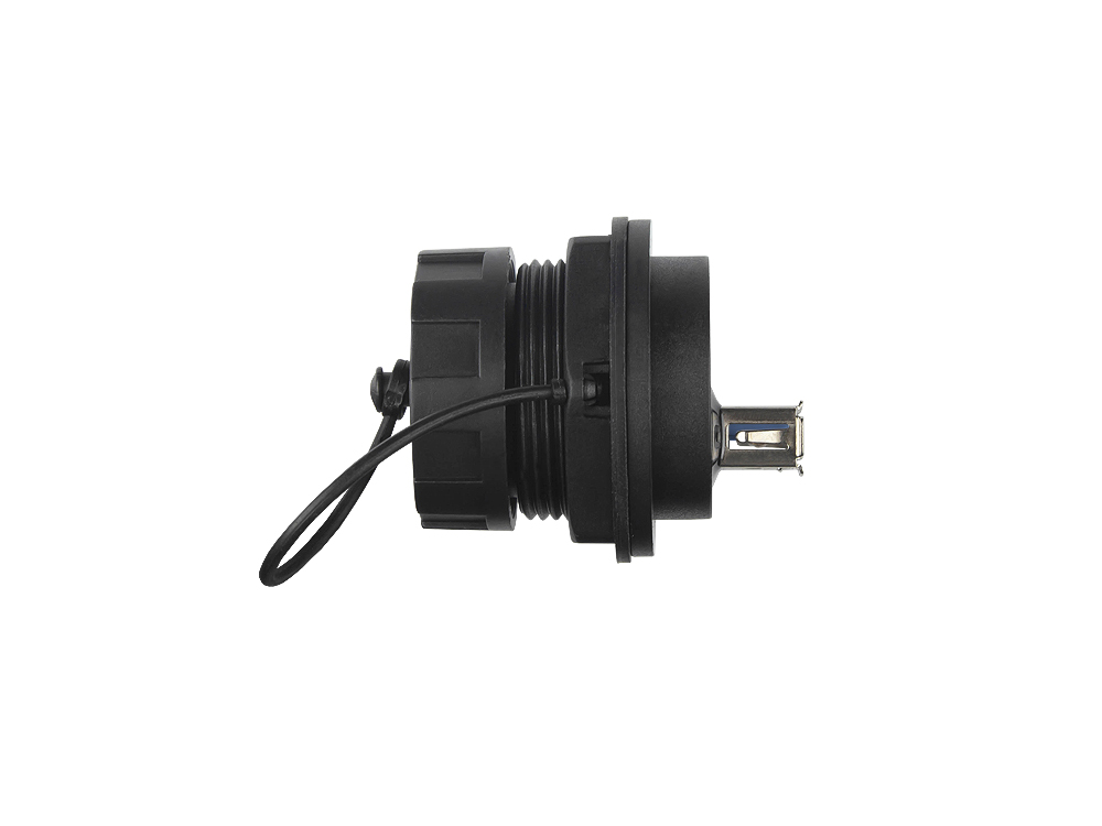 Industrial Connector S4 - USB 3.0 feed-through coupling, socket A on both sides, single-ended with cover, bayonet, IP67, black, Good Connections®