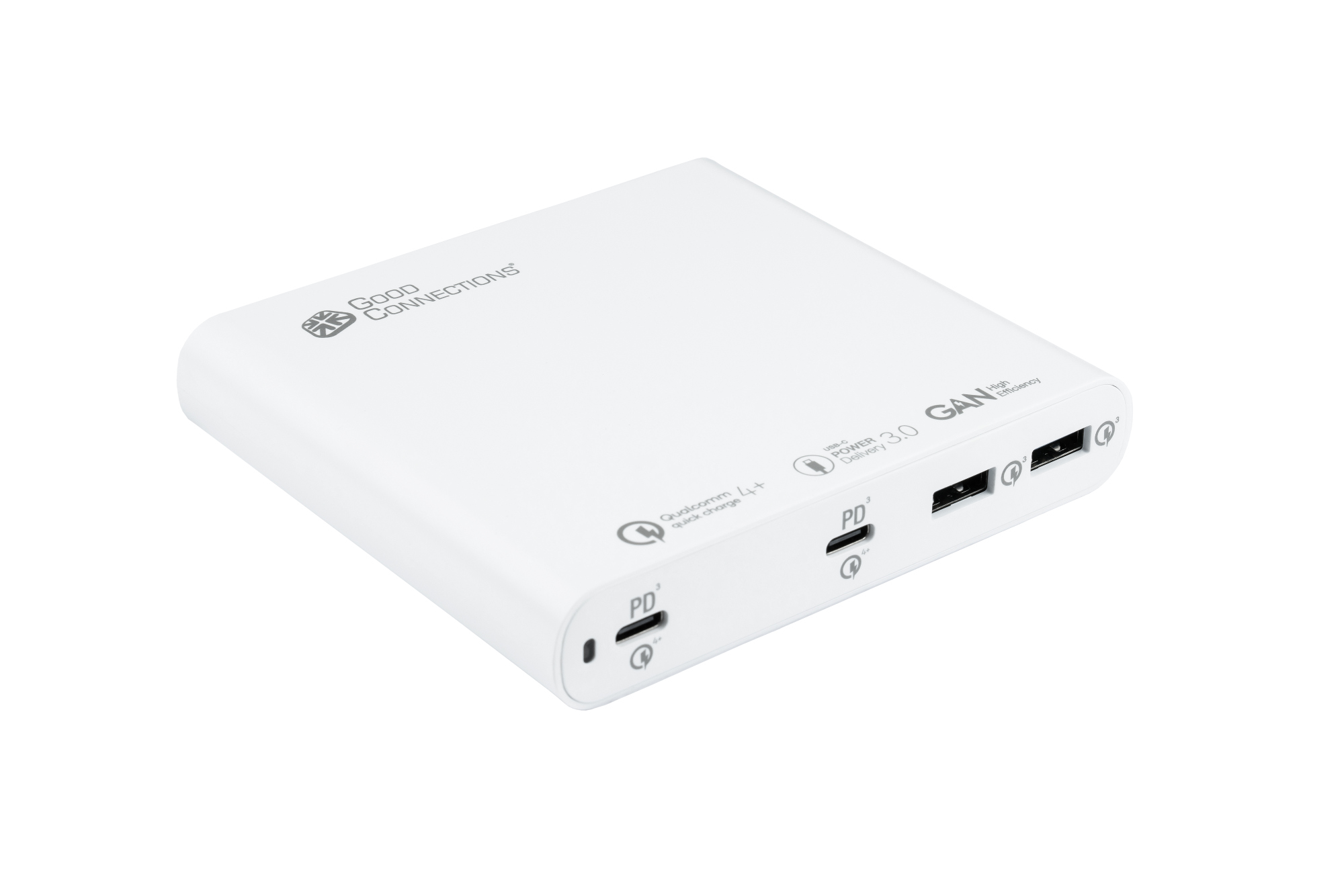 USB desktop fast charging station 120W with GaN technology, 4-port (2x USB-C™ and 2x USB-A), PD 3.0, QC 4+, white, Good Connections®