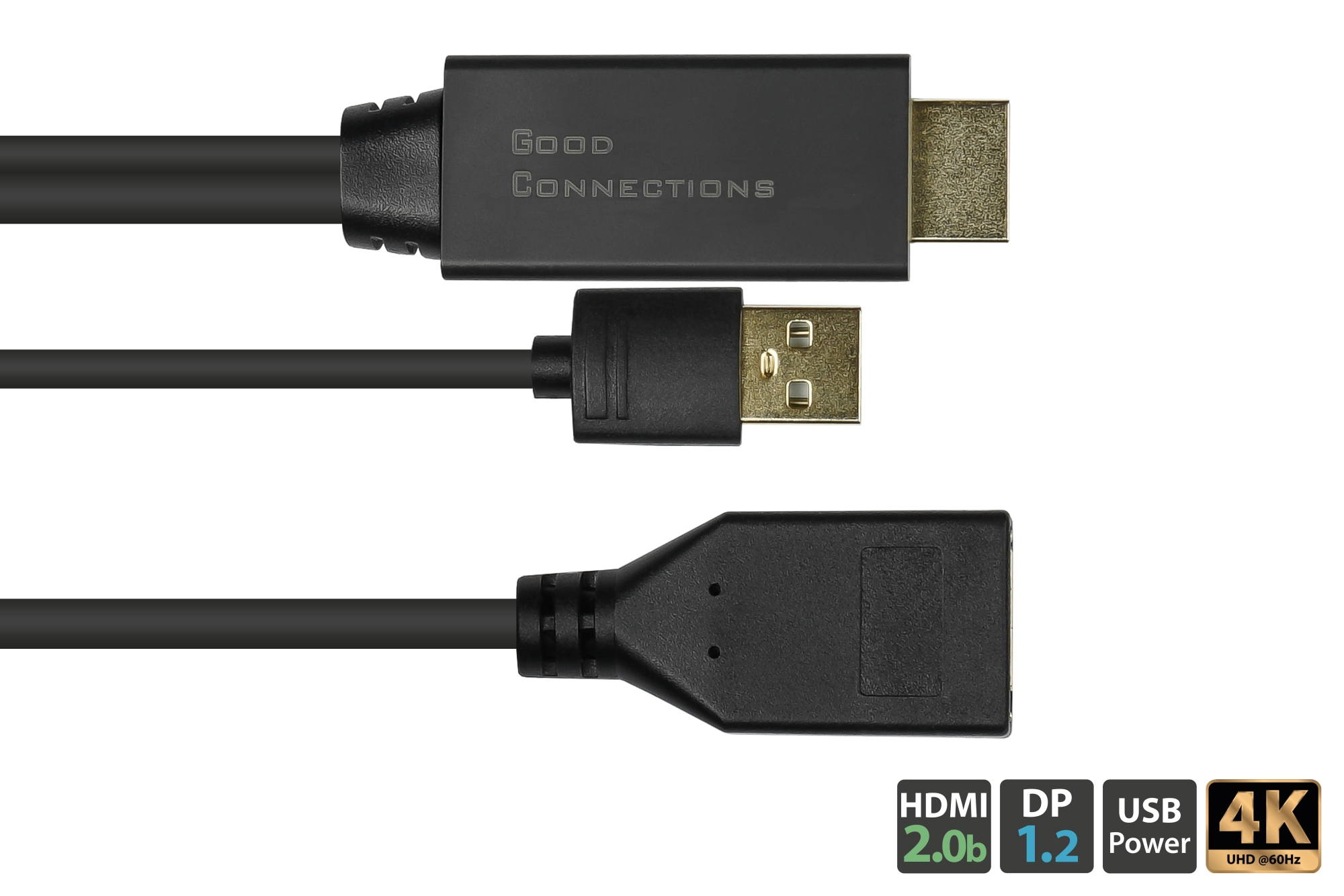 Adapter HDMI 2.0b Stecker an DisplayPort 1.2 Buchse, 4K @60Hz, USB Power, vergoldete Kontakte, Kupferleiter, schwarz, 0,3m, Good Connections®