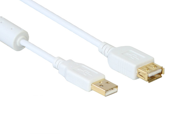 USB 2.0 Verlängerung Stecker A an Buchse A, mit Ferritkern, vergoldet, weiß, 5m, Good Connections®
