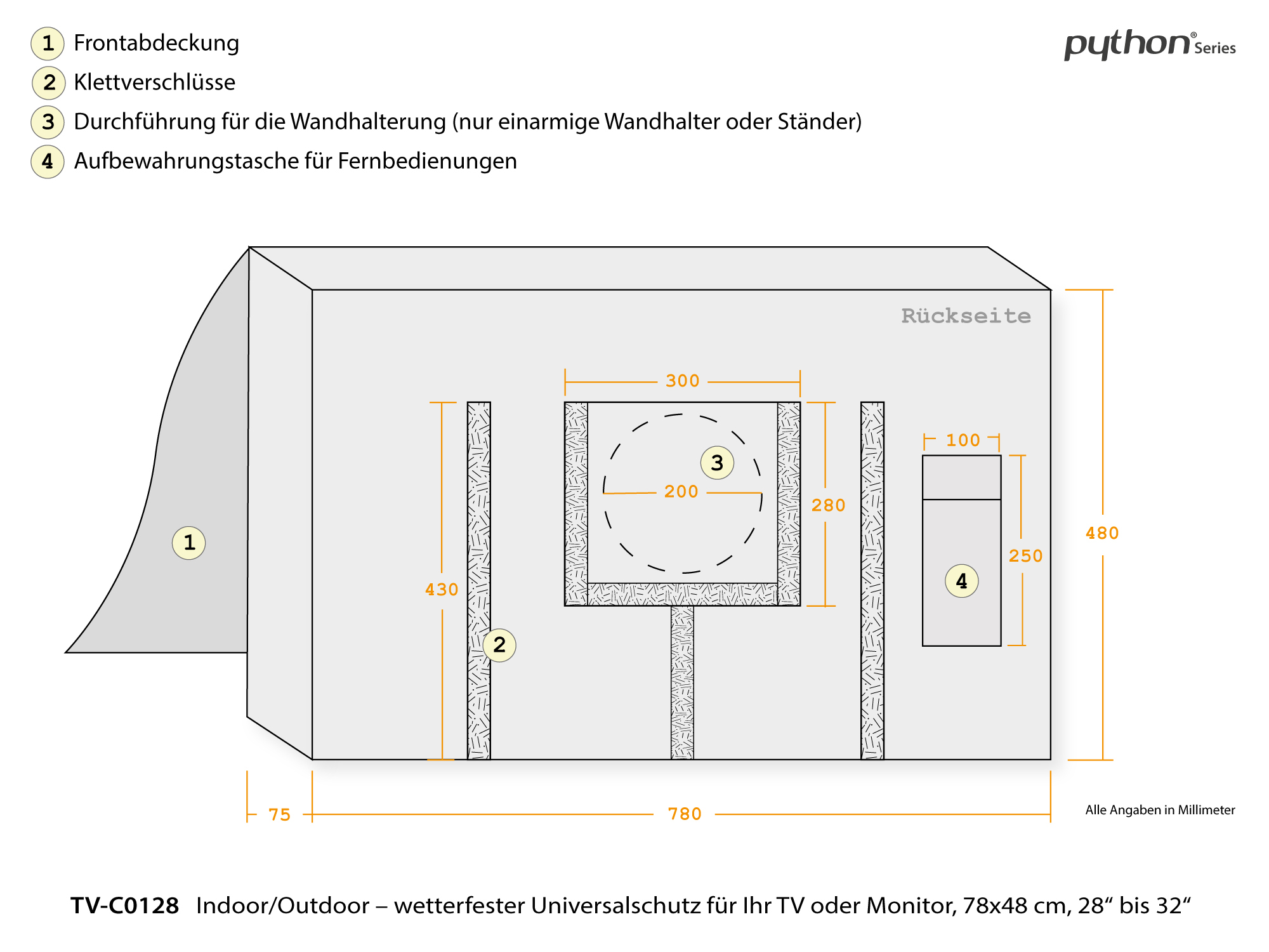 Python® Series TV-Cover Indoor/Outdoor – wetterfester Universalschutz for Ihr TV or Monitor, 78x48 cm, 28“ up to 32“