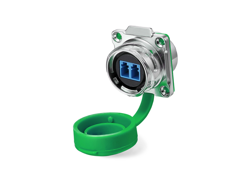 Industrial Connector S3 - Fibre optic feed-through coupler with flange, LC socket on both sides, metal, M24, bayonet, IP65/67, Good Connections®