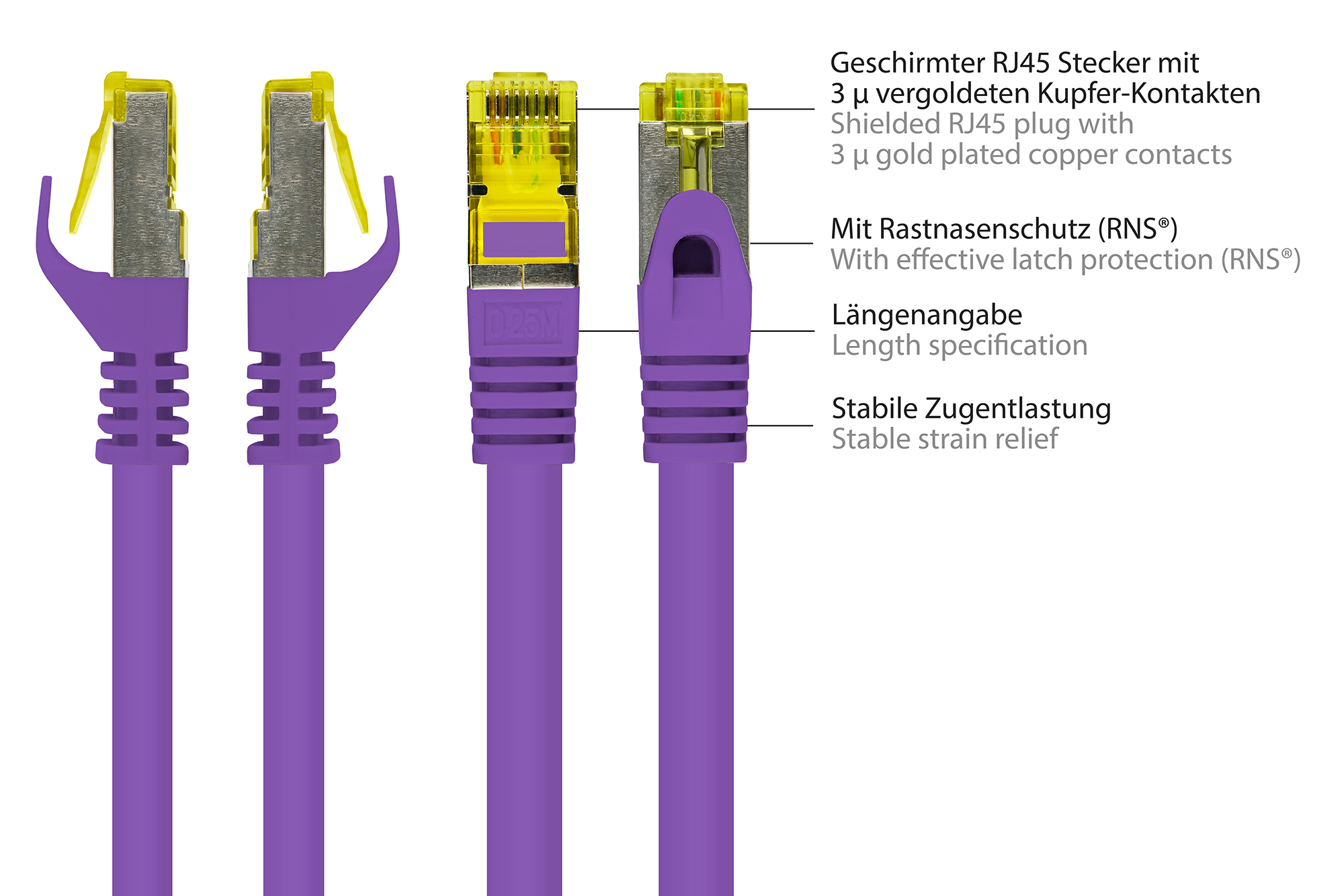 RJ45 Patchkabel mit Cat. 7 Rohkabel und Rastnasenschutz (RNS®), S/FTP, PiMF, halogenfrei, 500MHz, OFC, violett, 0,15m, Good Connections®