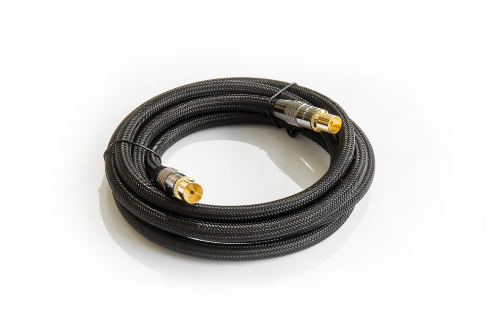 Antenna cable, IEC/coax plug to socket, gold-plated, shielding measure 120 dB, 75 Ohm, nylon braided black, 30m, PYTHON® Series