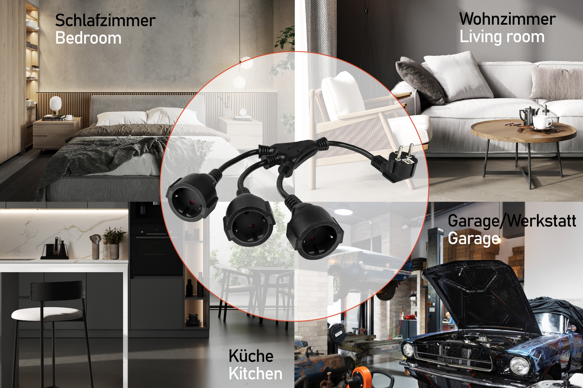 kabelmeister® W-Netzkabel Schutzkontakt-Stecker Typ E+F (CEE 7/7, gewinkelt) an 3x Buchse, schwarz, 0,2m