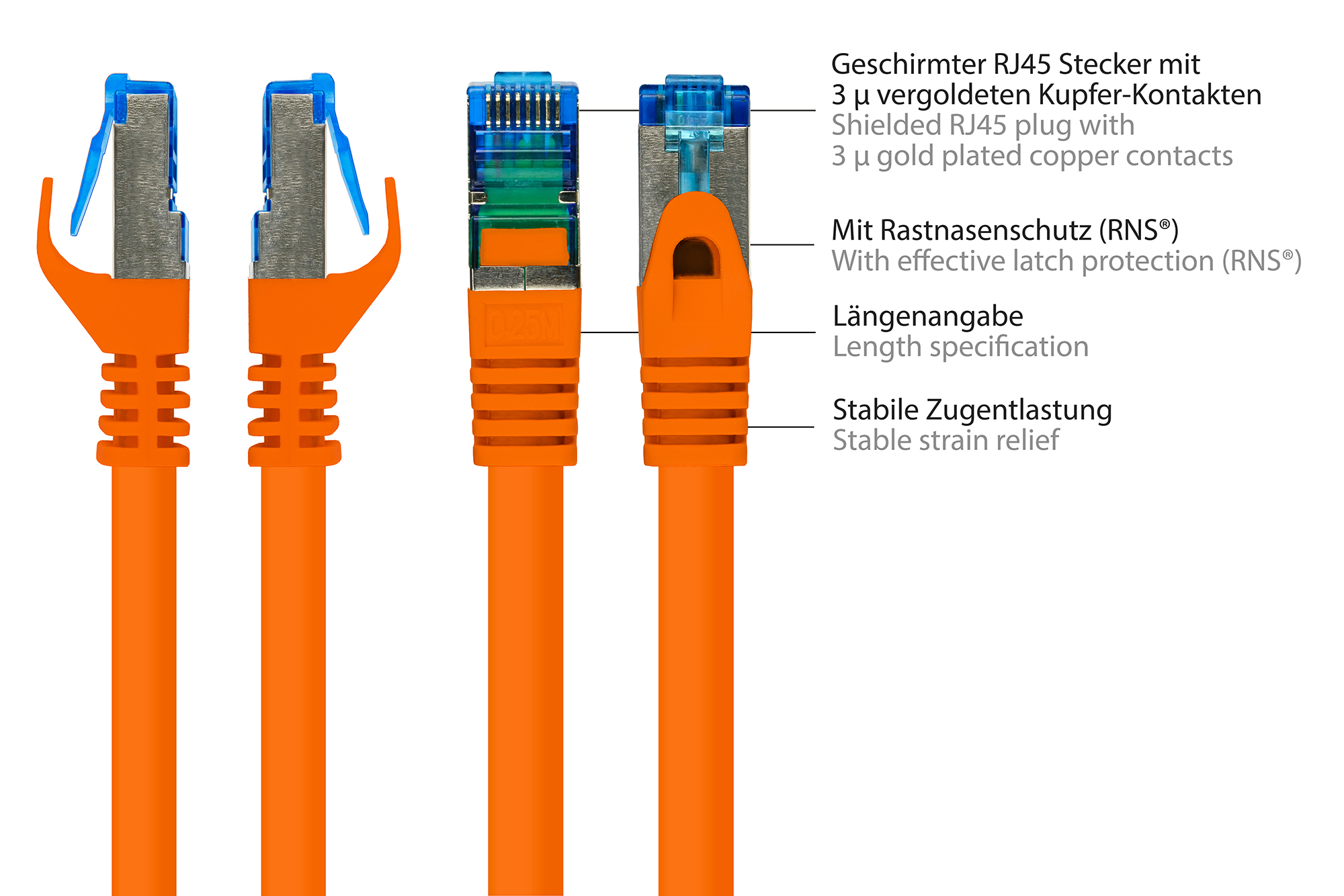 RNS® Patchkabel mit Rastnasenschutz, Cat. 6A, S/FTP, PIMF, halogenfrei, 500MHz, orange, 0,5m, Good Connections®